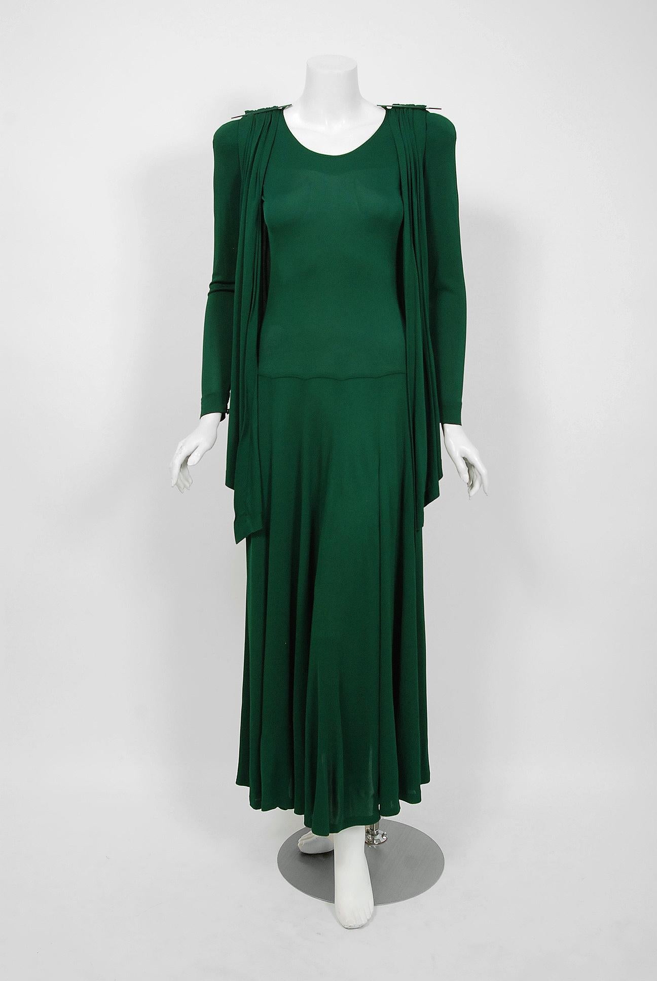 1975 Jean Muir Forest-Green Jersey Scarf-Tie Buckles Winged Back Maxi Dress 1