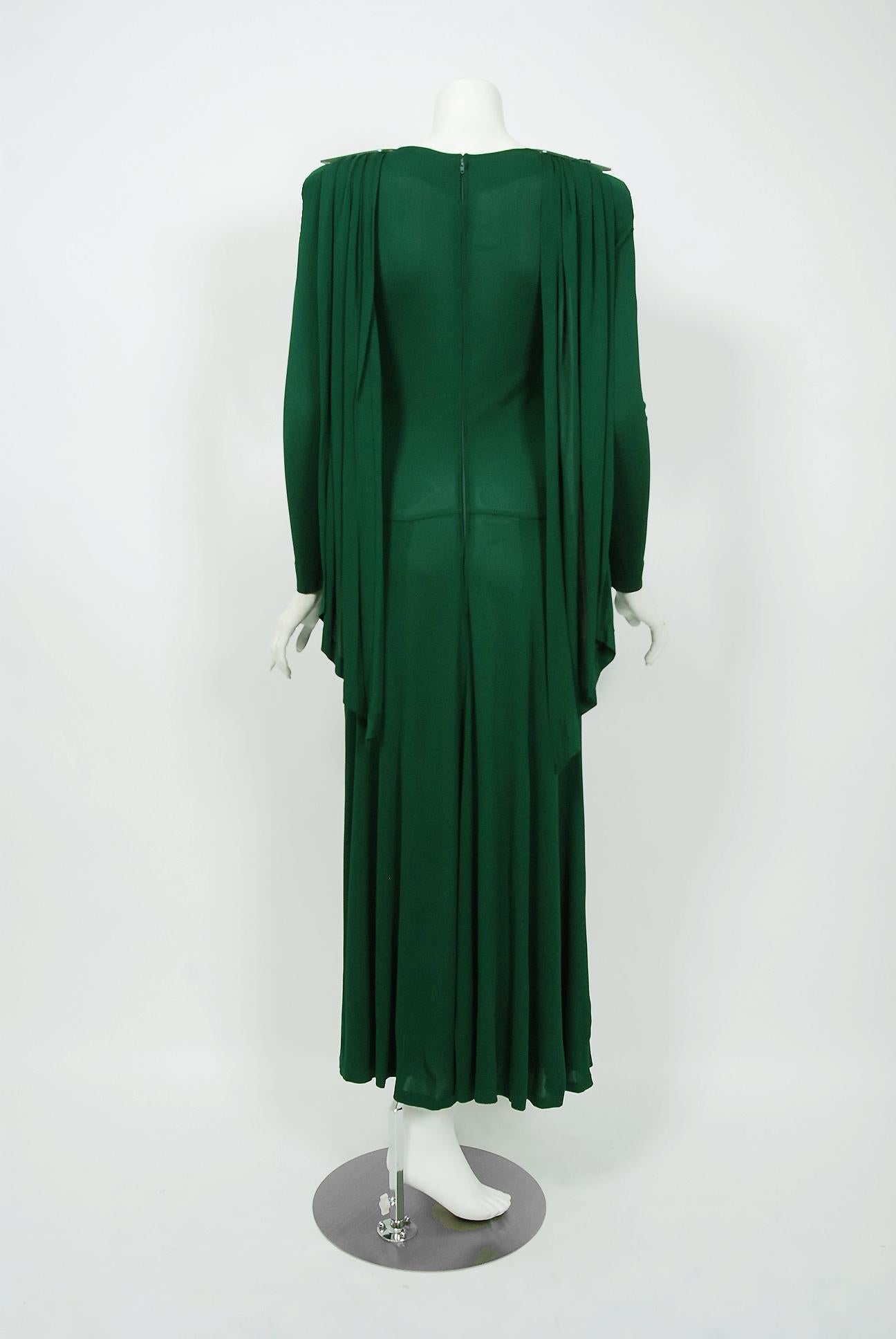 1975 Jean Muir Forest-Green Jersey Scarf-Tie Buckles Winged Back Maxi Dress 2