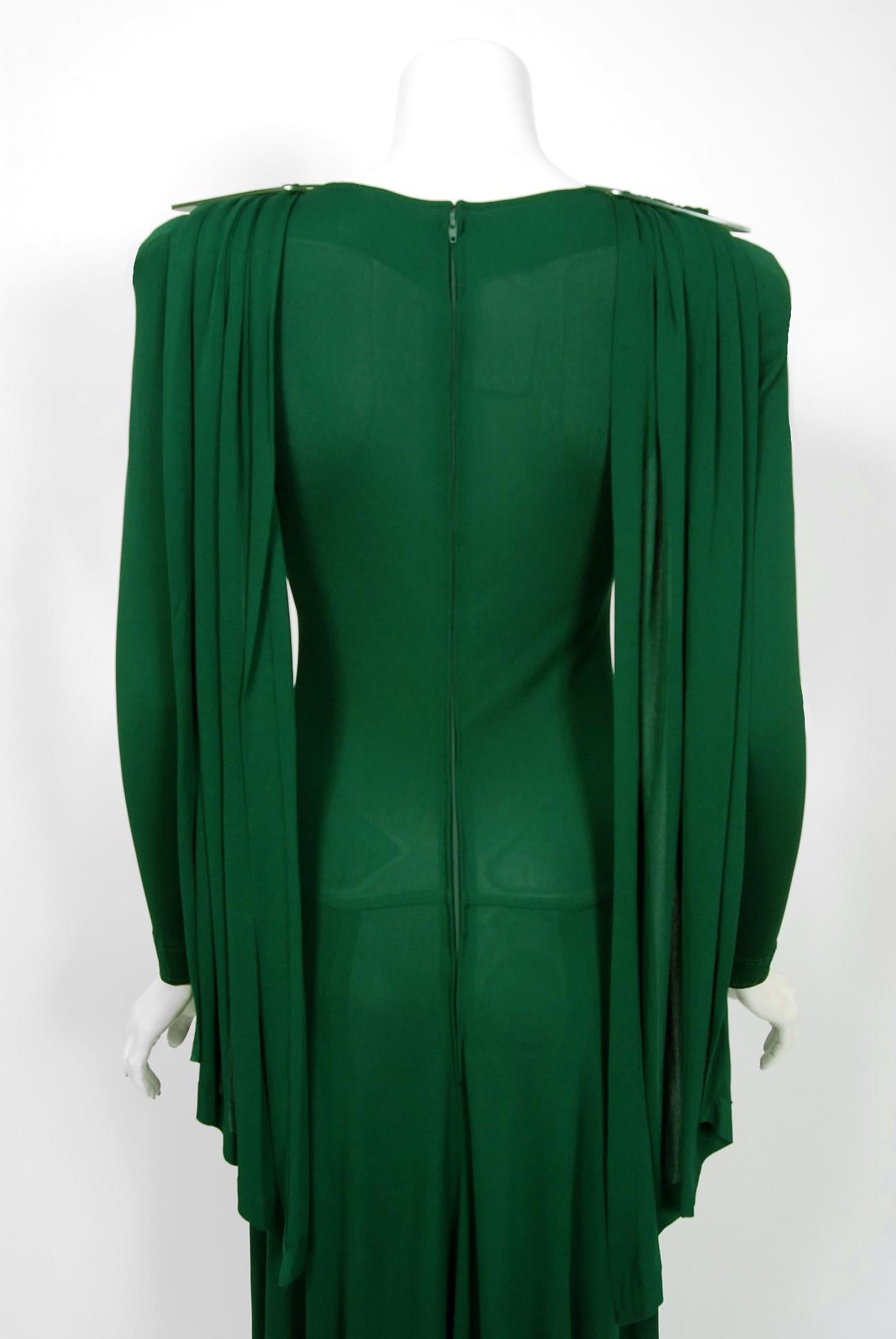 1975 Jean Muir Forest-Green Jersey Scarf-Tie Buckles Winged Back Maxi Dress 3