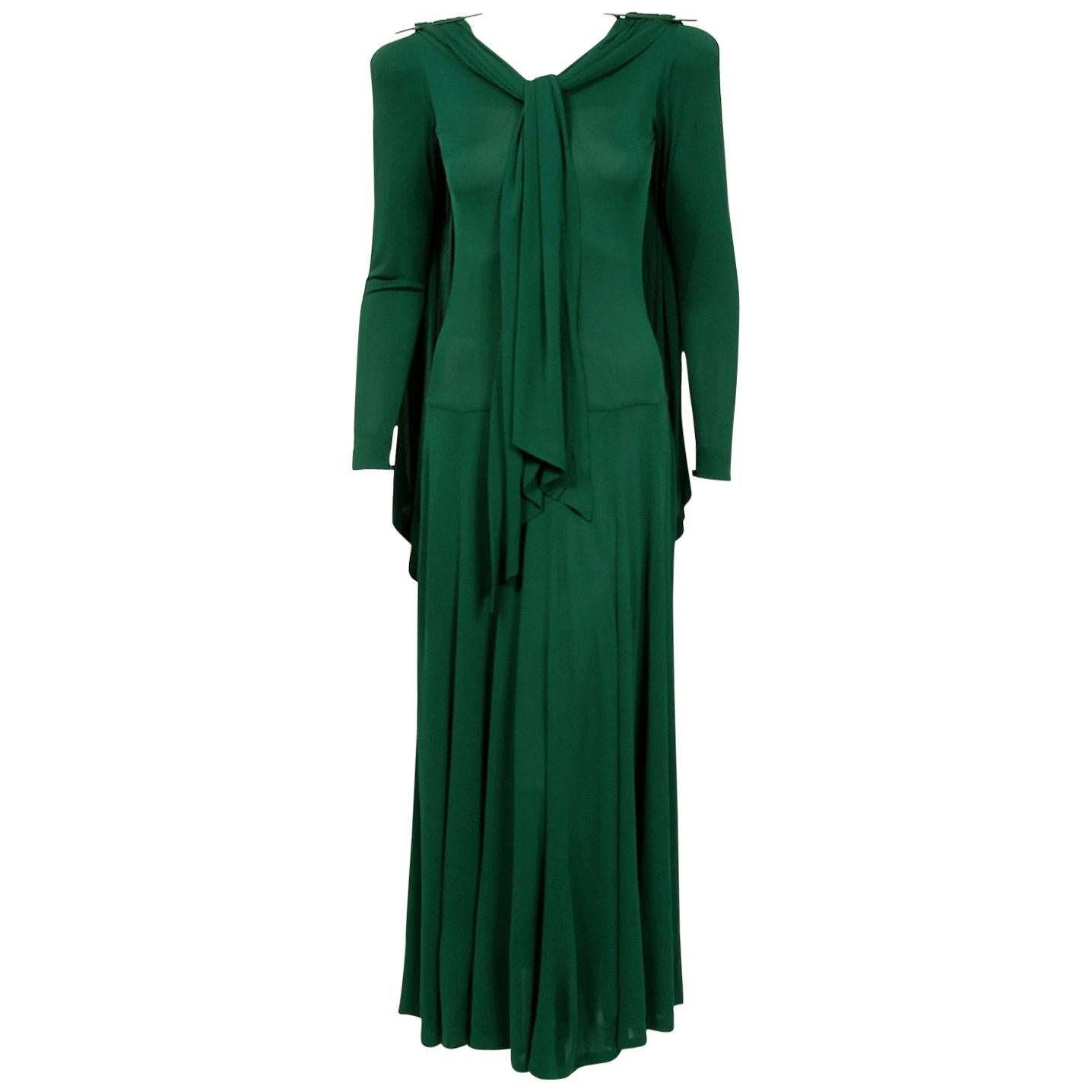 1975 Jean Muir Forest-Green Jersey Scarf-Tie Buckles Winged Back Maxi Dress