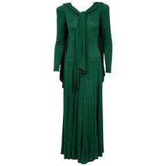 Retro 1975 Jean Muir Forest-Green Jersey Scarf-Tie Buckles Winged Back Maxi Dress