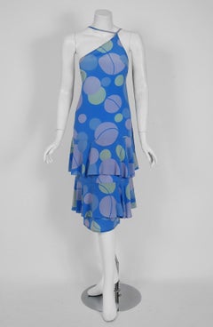 1970's Chloe by Karl Lagerfeld Periwinkle Graphic Print Silk Asymmetric Dress