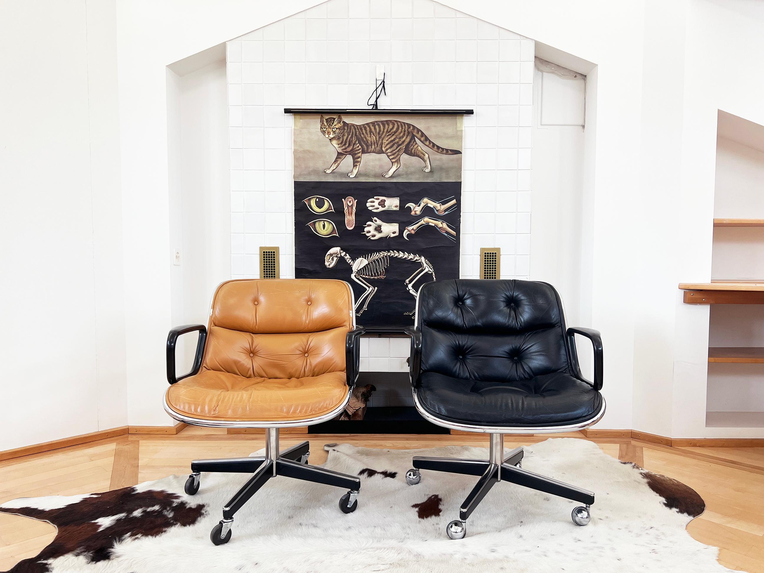 1975 Knoll Executive Pollock Cromada, Silla de Oficina de Piel Negra Acolchada con Pilastras en venta 3