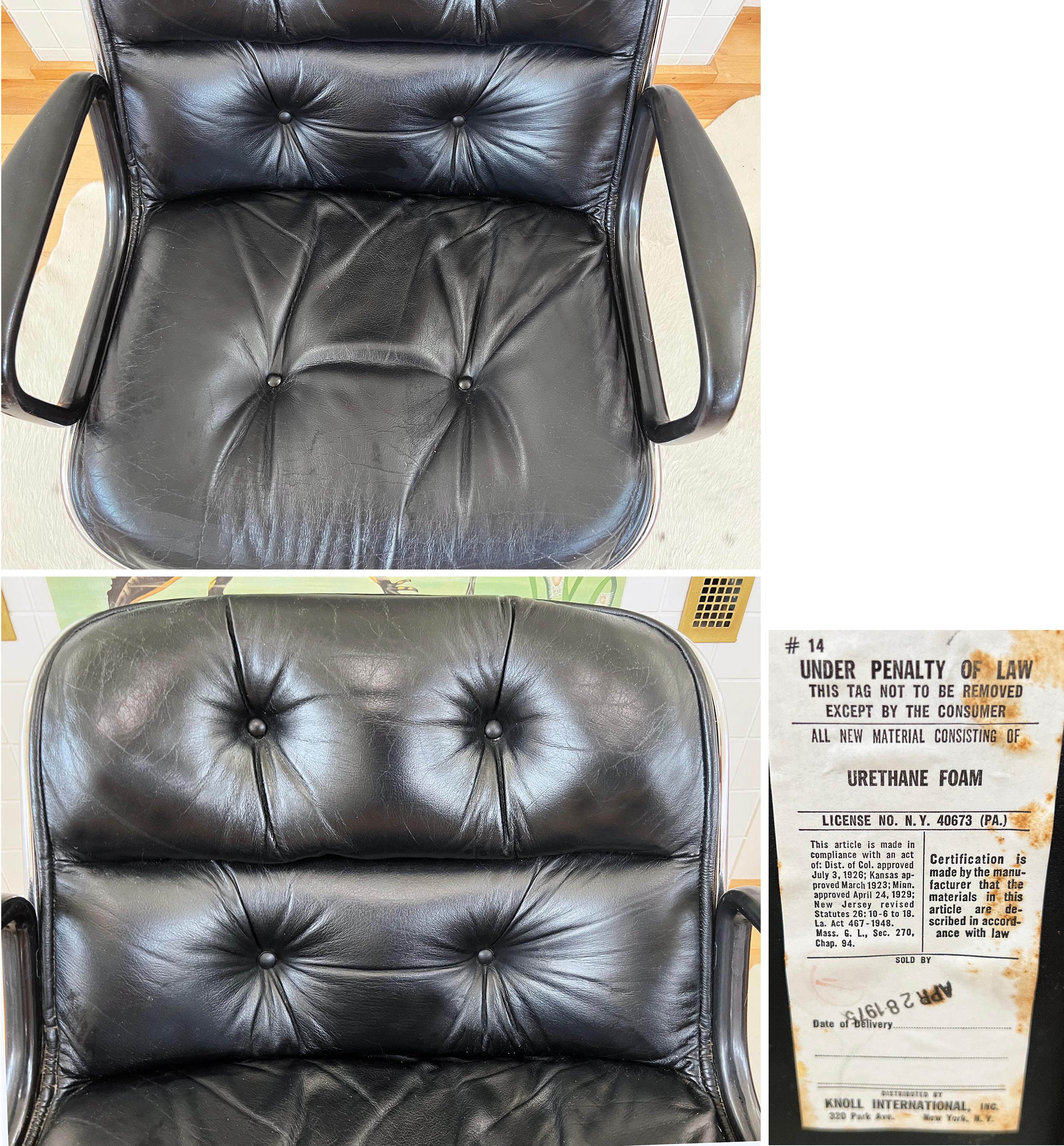 1975 Knoll Executive Pollock Cromada, Silla de Oficina de Piel Negra Acolchada con Pilastras Estadounidense en venta
