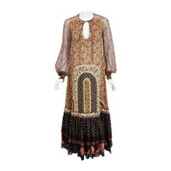 1975 Koos Van Den Akker Patchwork Cotton Silk Billow-Sleeve Bohemian Maxi Dress