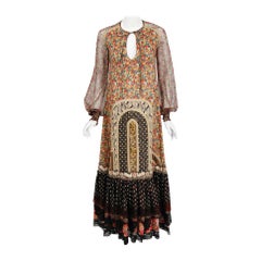 1975 Koos Van Den Akker Patchwork Cotton Silk Billow-Sleeve Bohemian Maxi Dress 