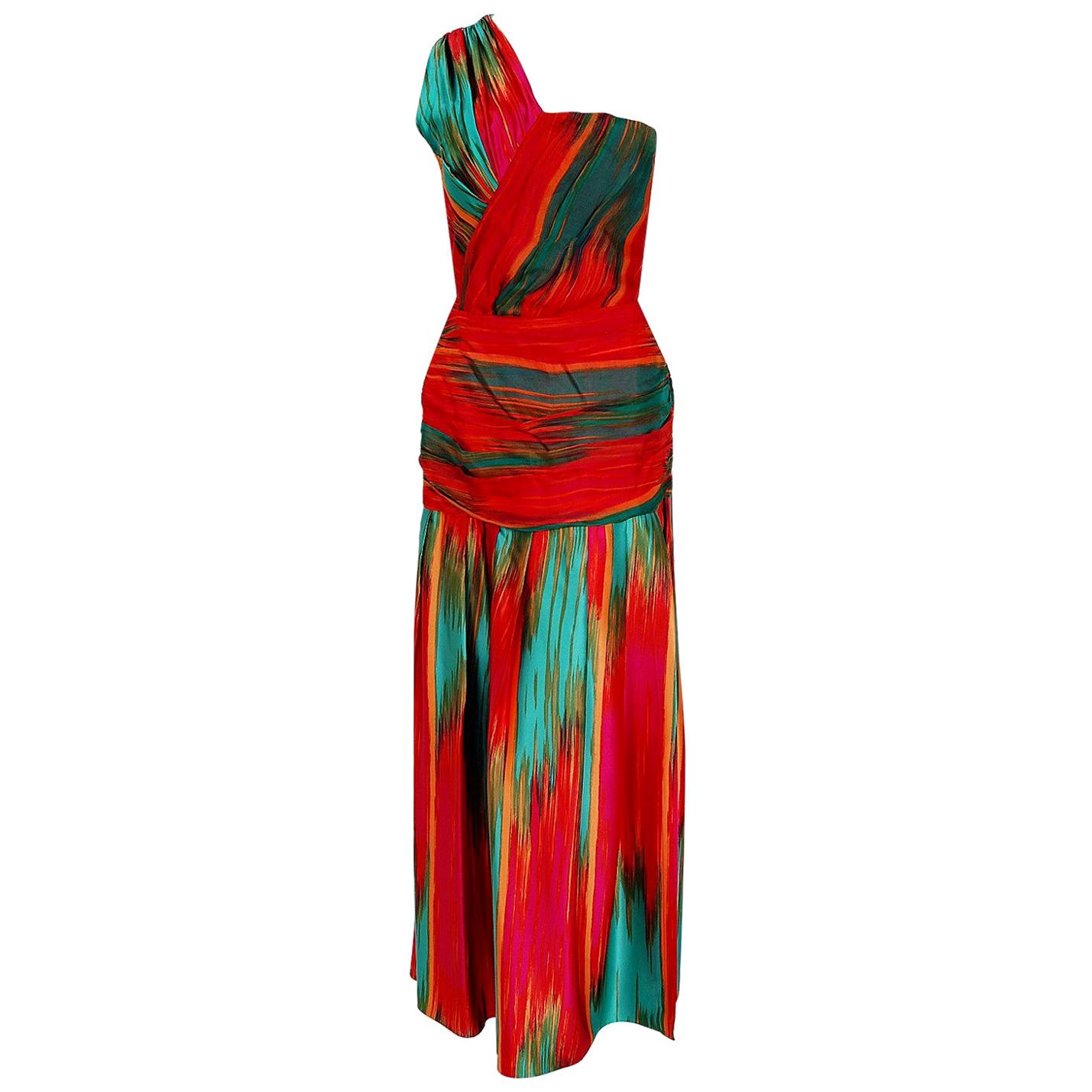 1975 Lillie Rubin Colorful Abstract Print Silk One-Shoulder Grecian Dress Set