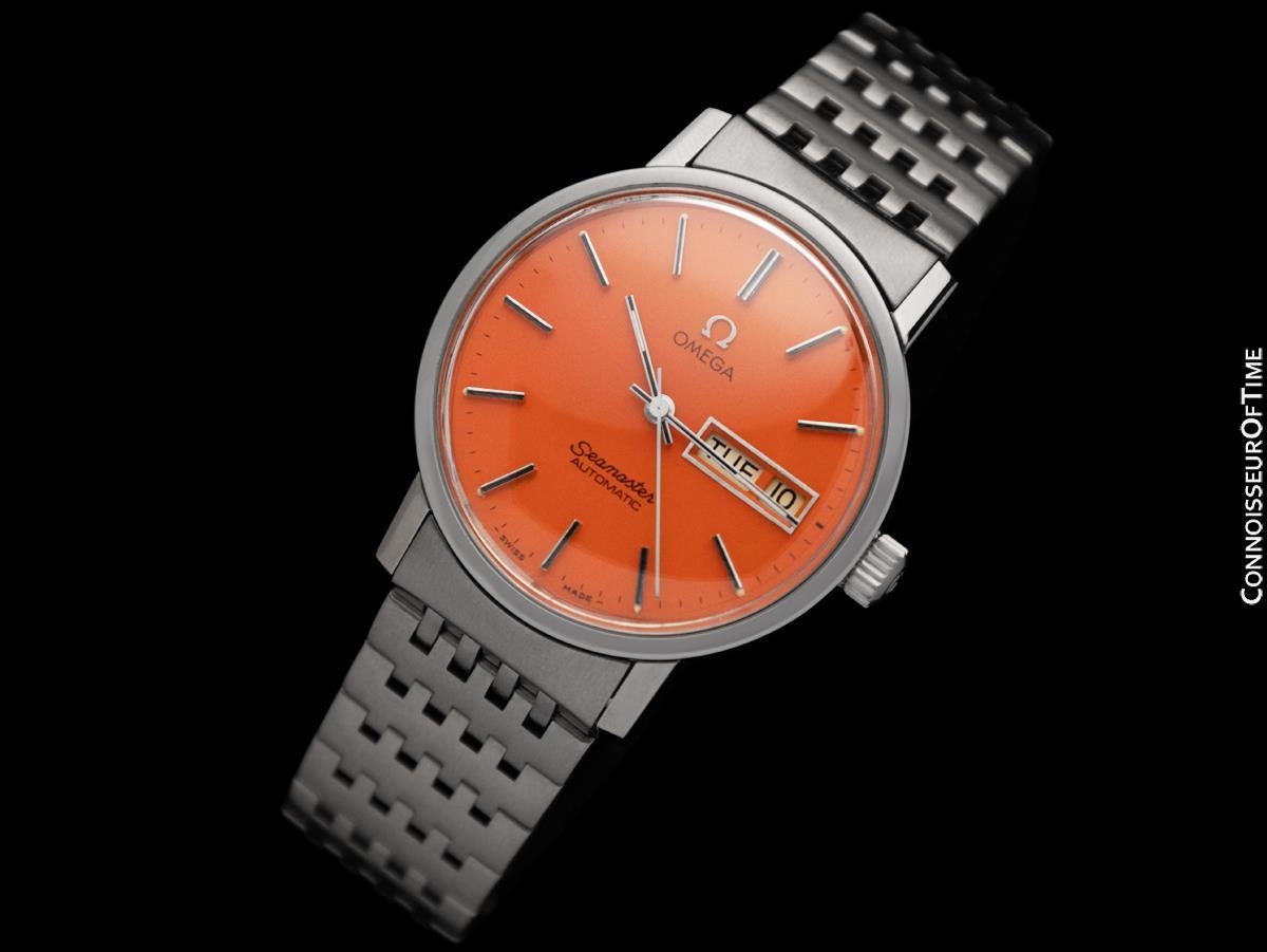 Men's 1975 OMEGA SEAMASTER Mens Day Date Harley-Davidson Orange SS Watch - Mint