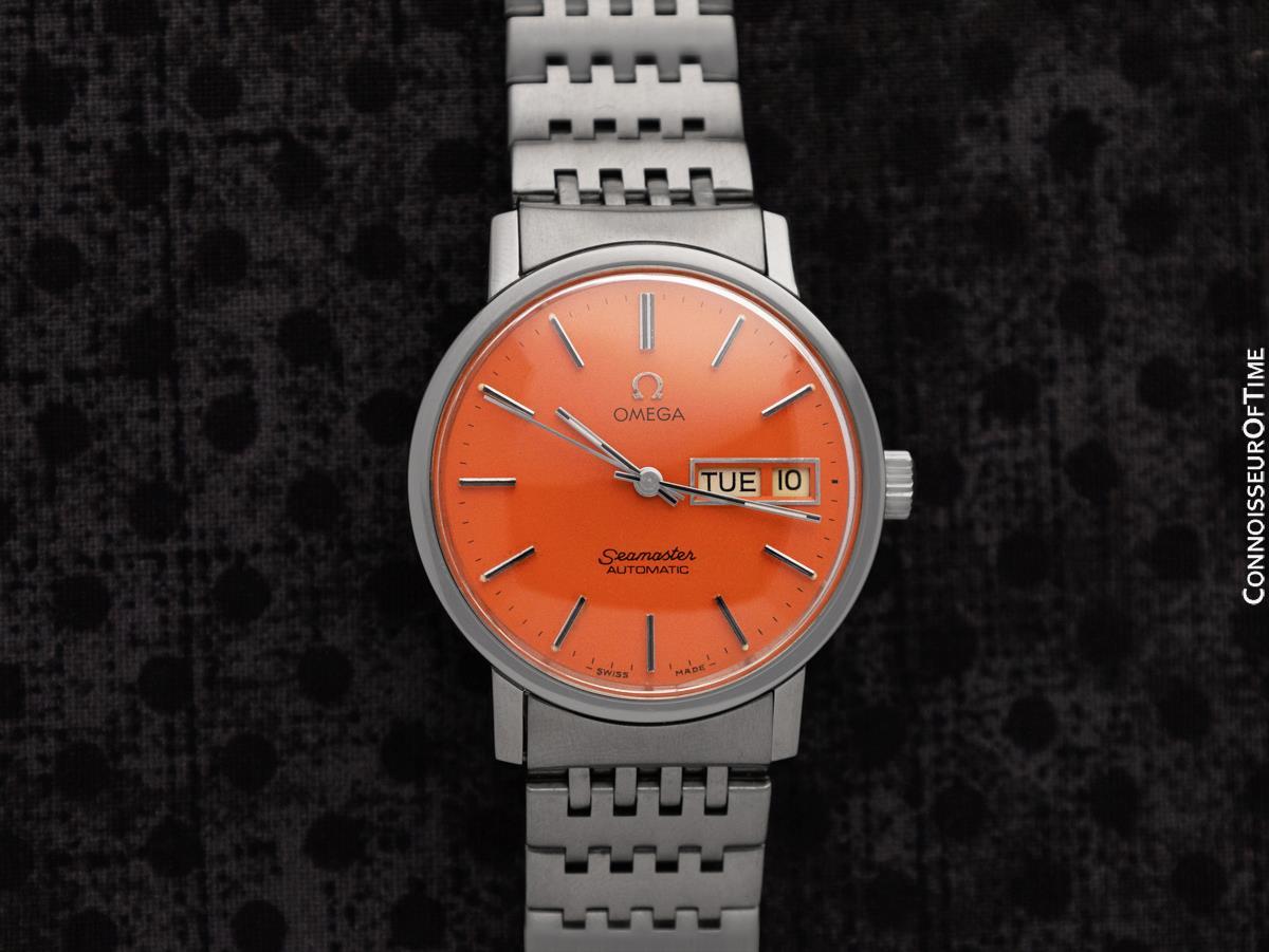 1975 OMEGA SEAMASTER Mens Day Date Harley-Davidson Orange SS Watch - Mint 3
