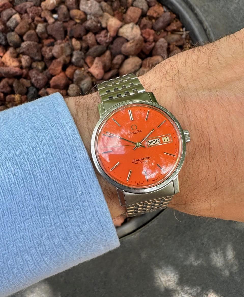 1975 OMEGA SEAMASTER Mens Day Date Harley-Davidson Orange SS Watch - Mint 4