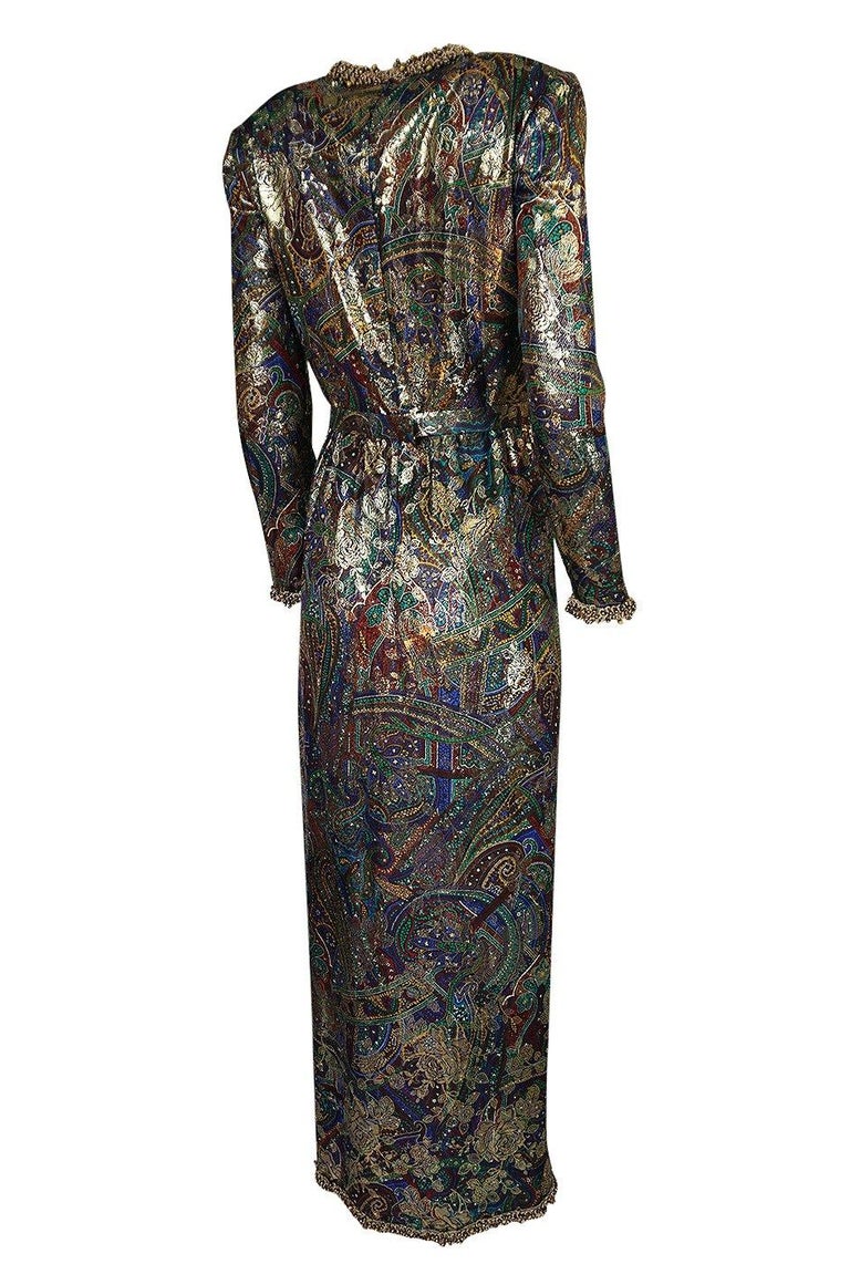 1975 Oscar de la Renta Printed Metallic Silk Dress w Brass Bell Edging ...