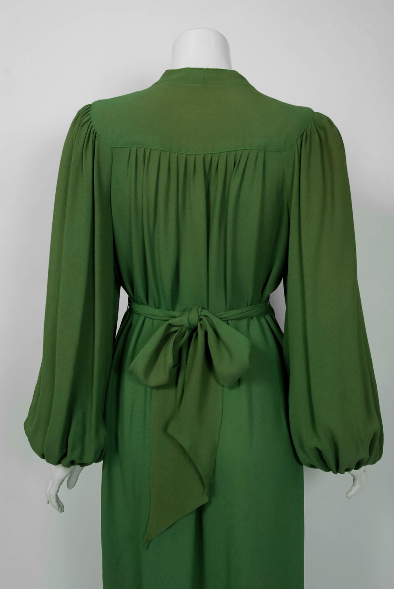 Women's 1975 Ossie Clark Green Moss-Crepe Billow Sleeve Tie Collar Belted Dress Gown