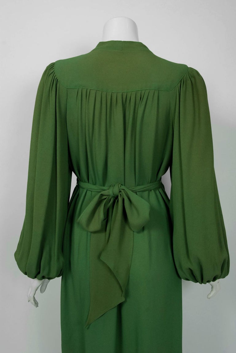 1975 Ossie Clark Green Moss-Crepe Billow Sleeve Tie Collar Belted Dress ...