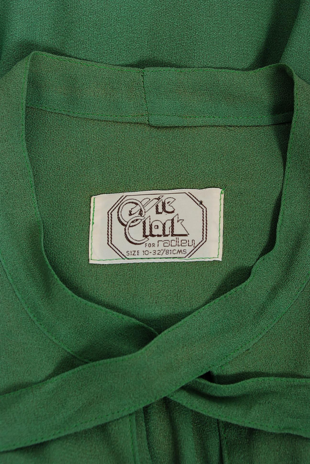 1975 Ossie Clark Green Moss-Crepe Billow Sleeve Tie Collar Belted Dress Gown 1
