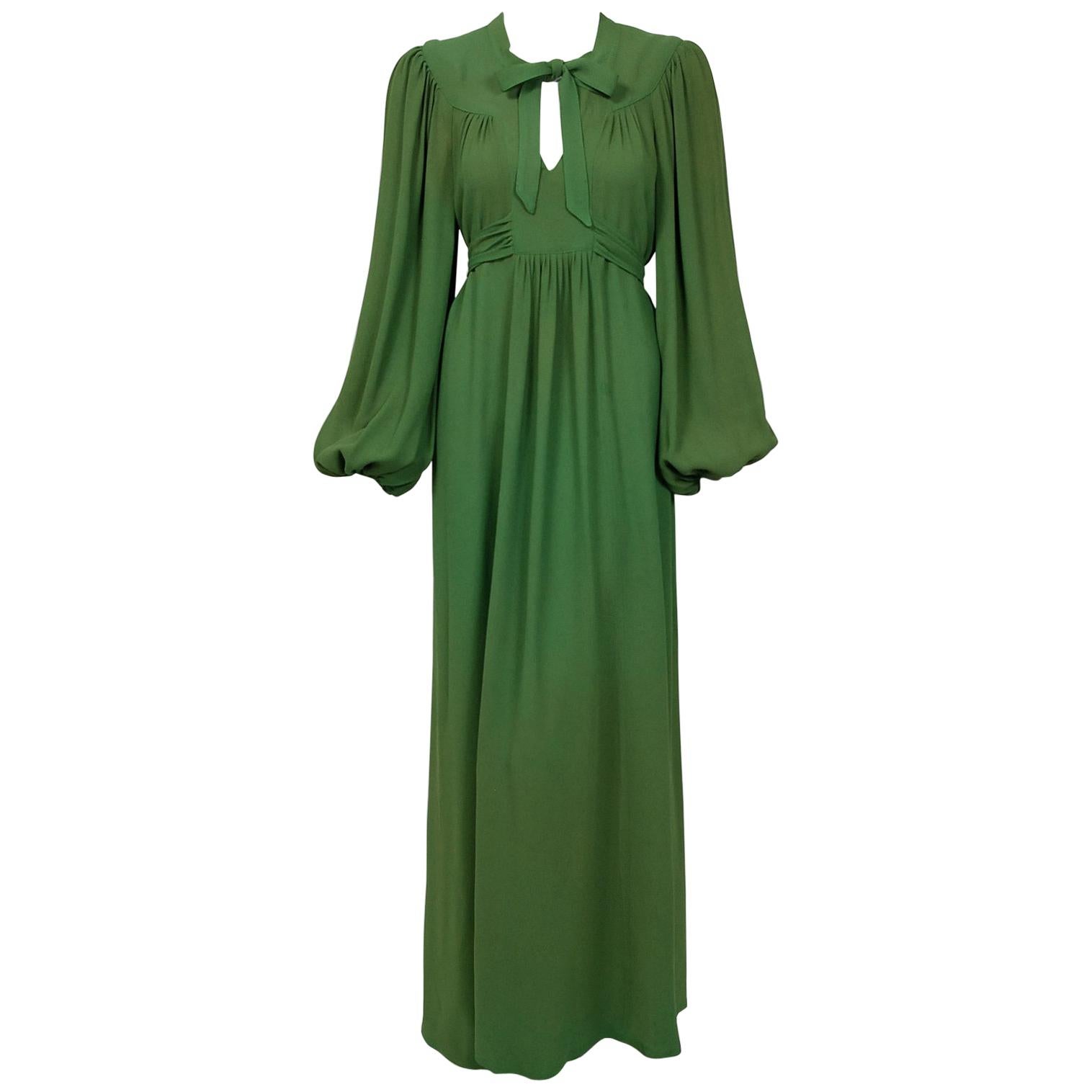 1975 Ossie Clark Green Moss-Crepe Billow Sleeve Tie Collar Belted Dress Gown