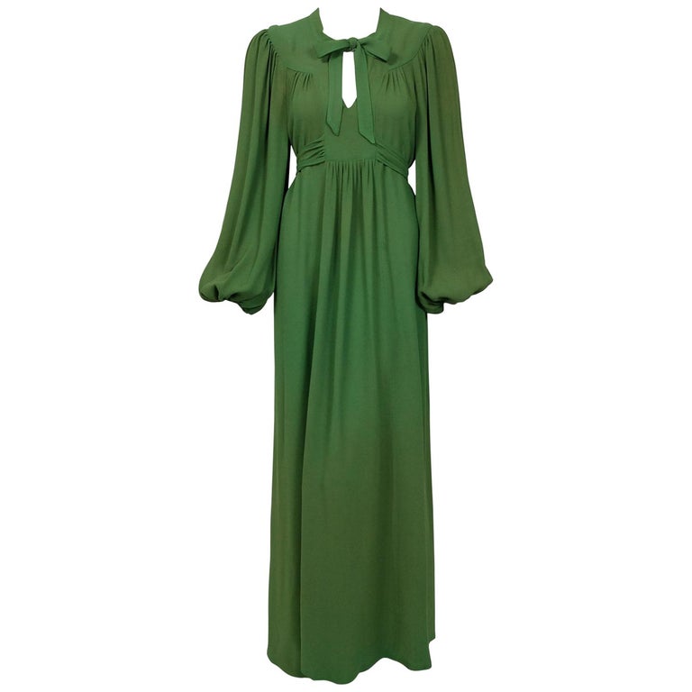 1975 Ossie Clark Green Moss-Crepe Billow Sleeve Tie Collar Belted Dress Gown  at 1stDibs | moss green dresses