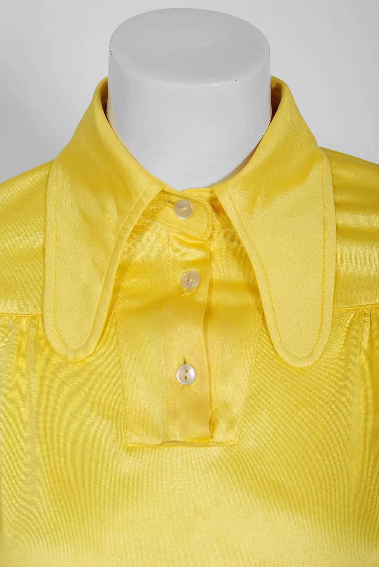 1975 Ossie Clark Yellow Jersey Beagle-Collar Cropped Blouse & Matching Hot Pants In Excellent Condition In Beverly Hills, CA