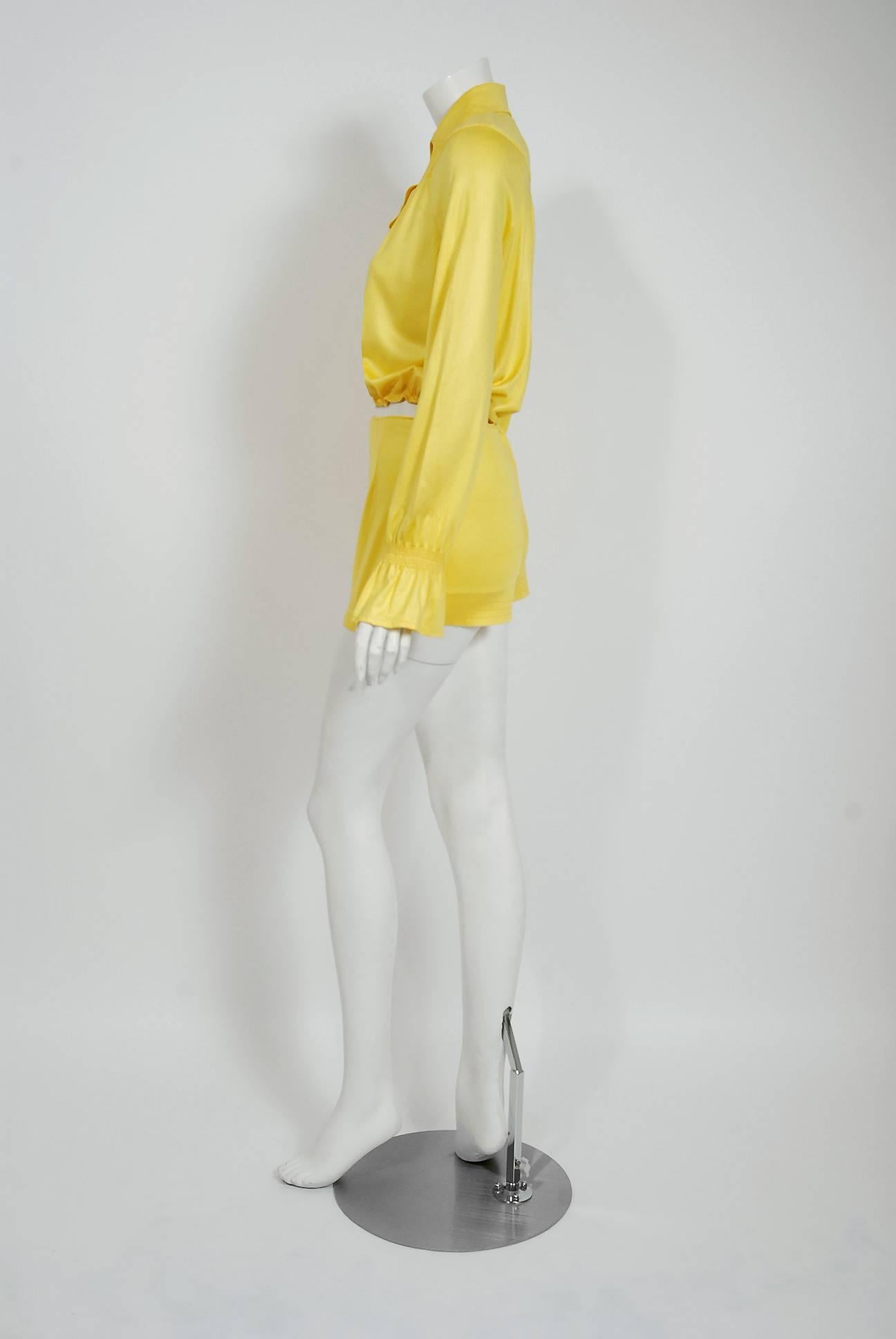 1975 Ossie Clark Yellow Jersey Beagle-Collar Cropped Blouse & Matching Hot Pants 1