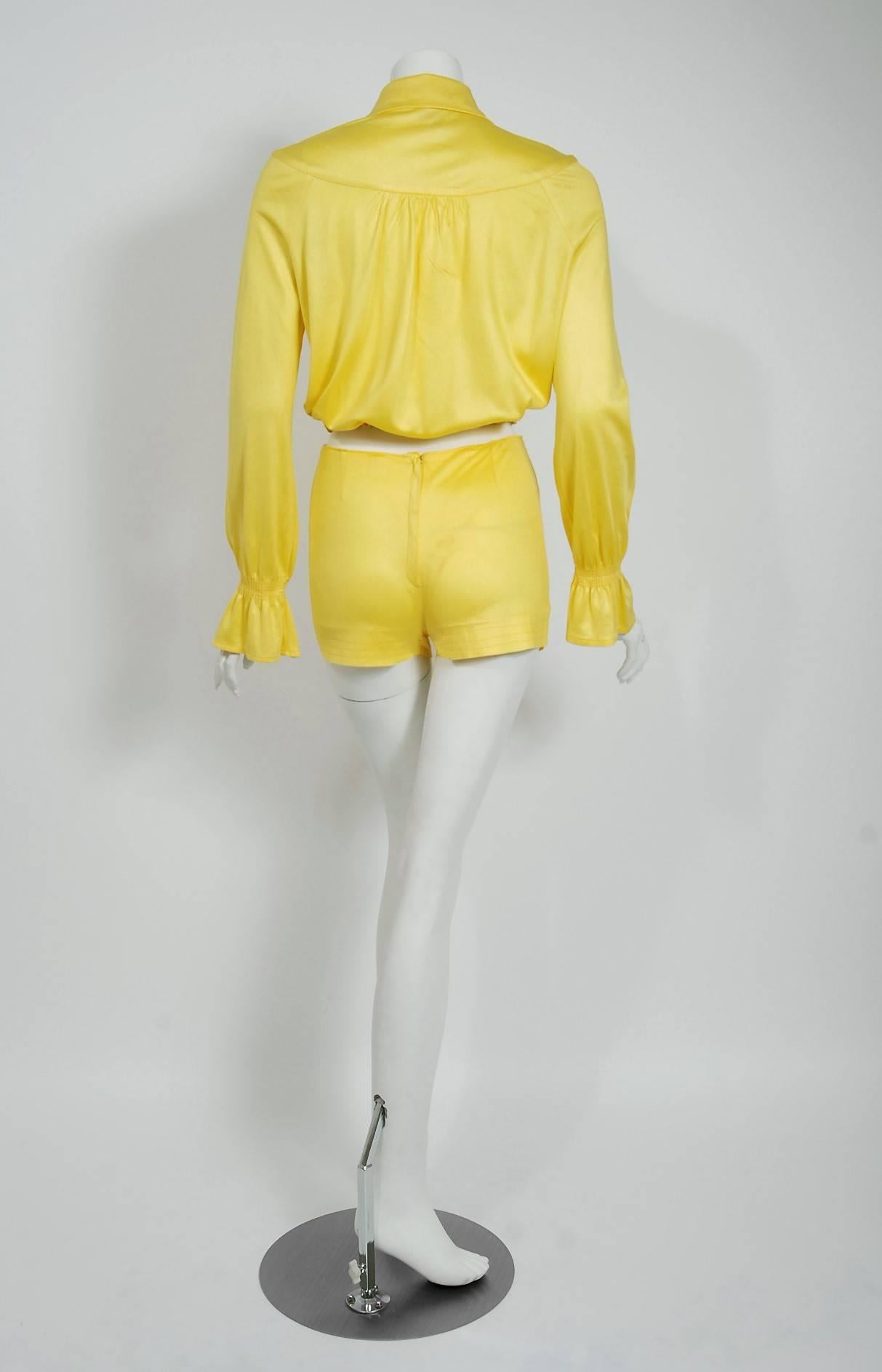1975 Ossie Clark Yellow Jersey Beagle-Collar Cropped Blouse & Matching Hot Pants 2