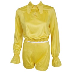 Vintage 1975 Ossie Clark Yellow Jersey Beagle-Collar Cropped Blouse & Matching Hot Pants