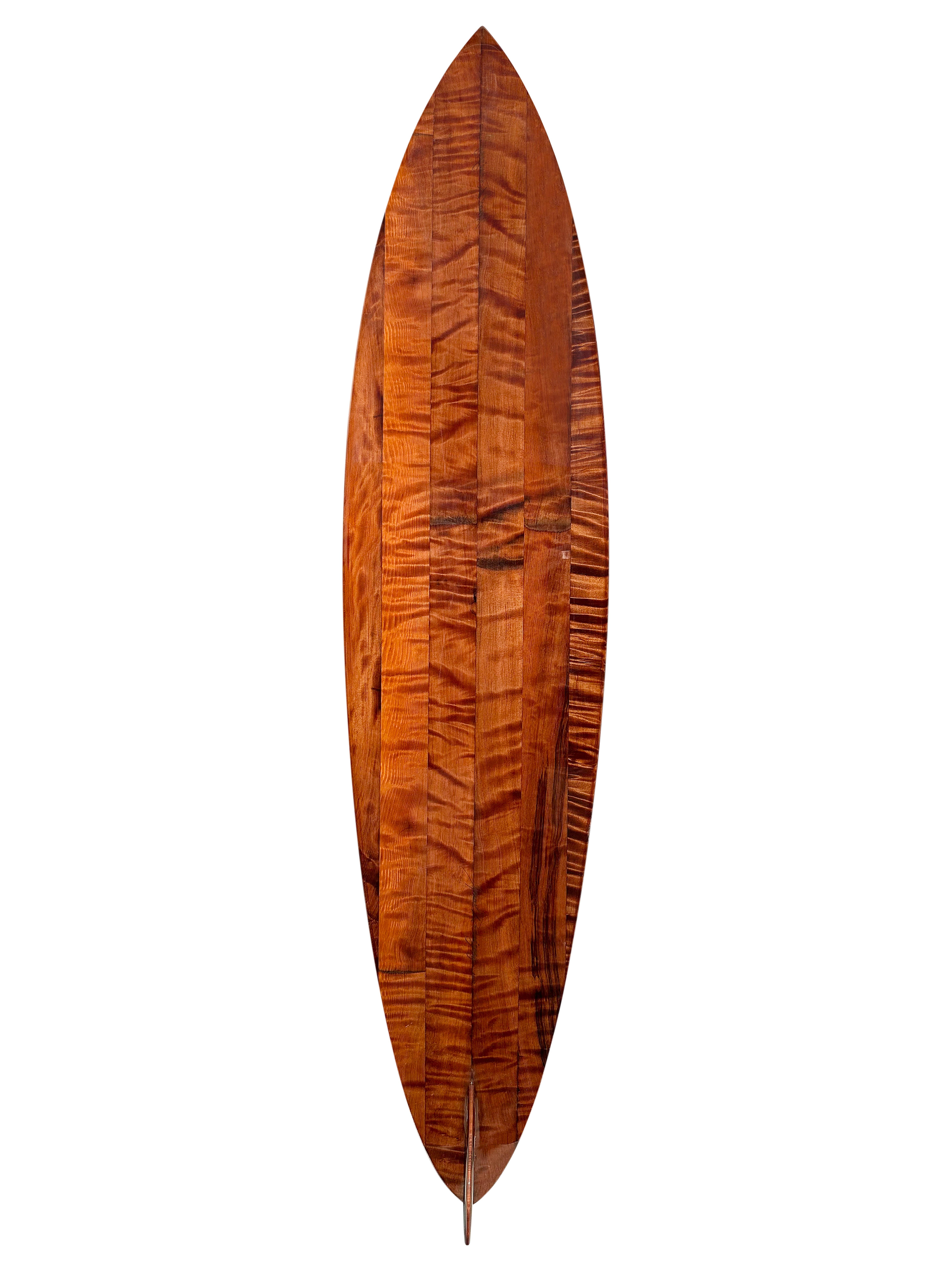 1975 remake Lightning Bolt Gerry Lopez personal redwood Pipeliner surfboard. Made in 2023 by Juan Rodriguez with permission of Gerry Lopez. Features the iconic Pipeliner shape design made famous by Gerry Lopez in the 1970s. Composed of 6-piece