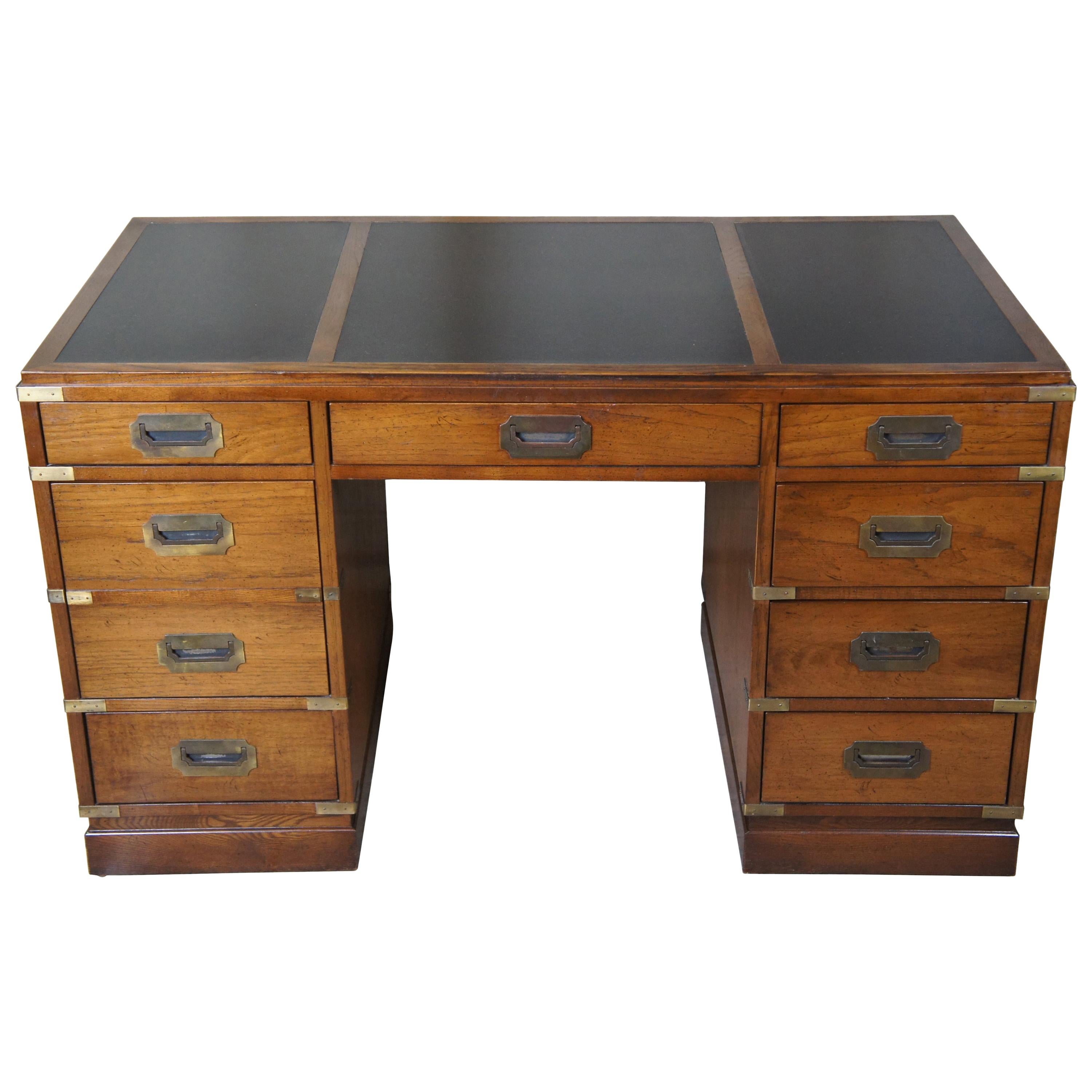 1975 Sligh Oak and Brass Leather Top Campaign Style Writing Desk