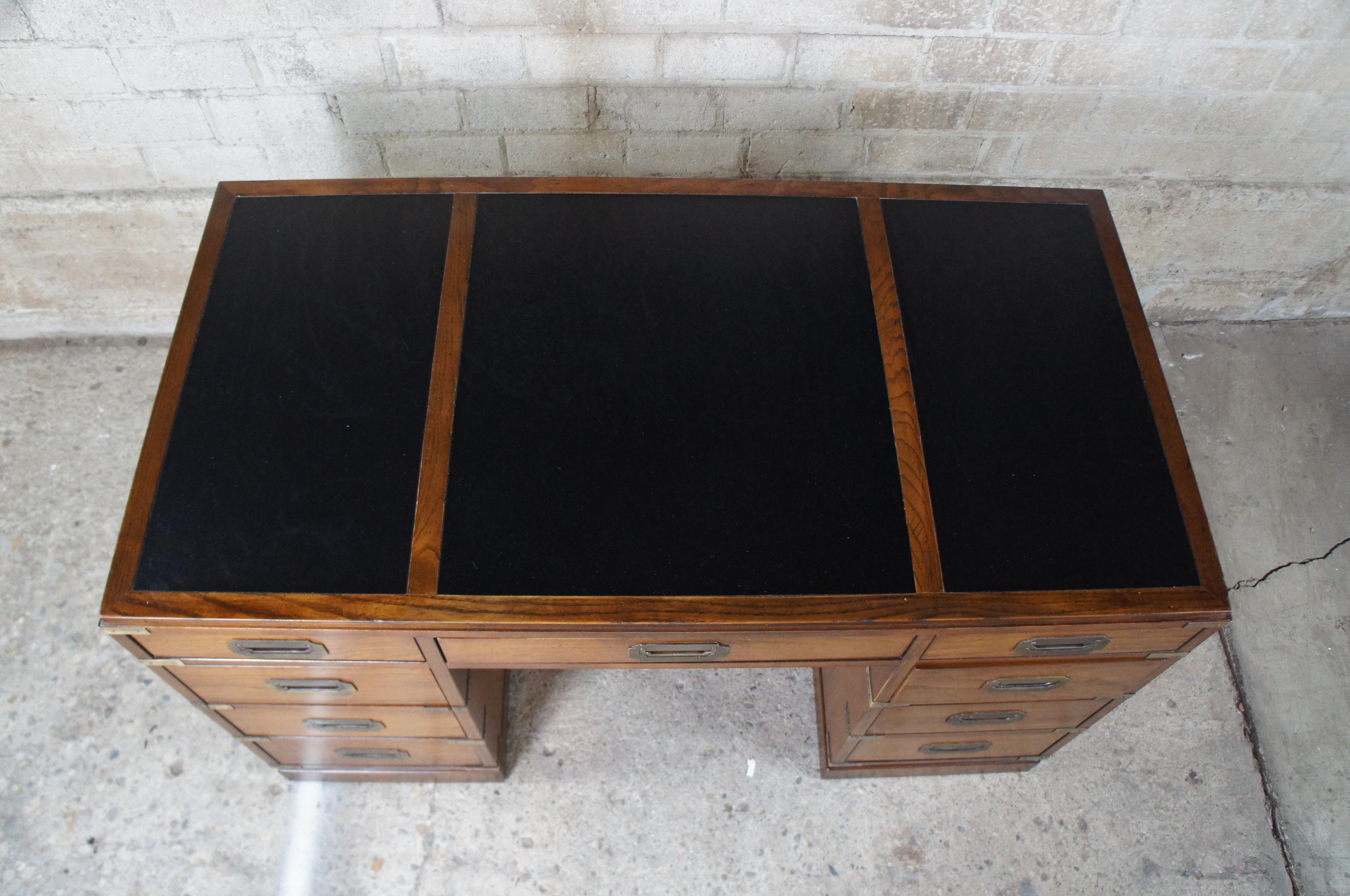 Late 20th Century 1975 Sligh Oak and Brass Leather Top Campaign Style Writing Desk