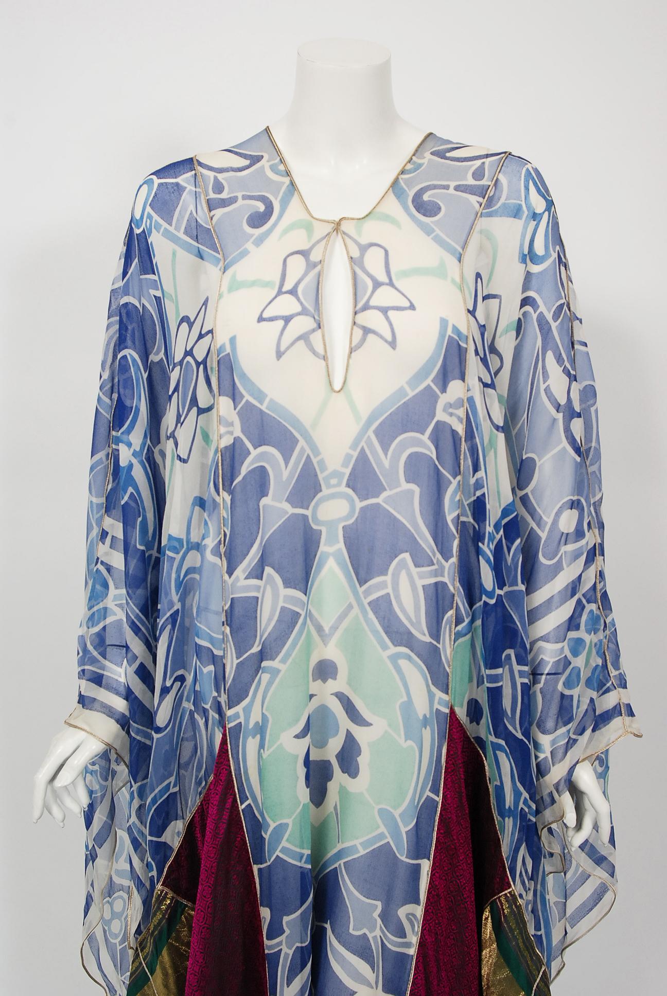 Gray 1975 Thea Porter Couture Documented Bohemian Patchwork Silk Abaya Caftan Dress