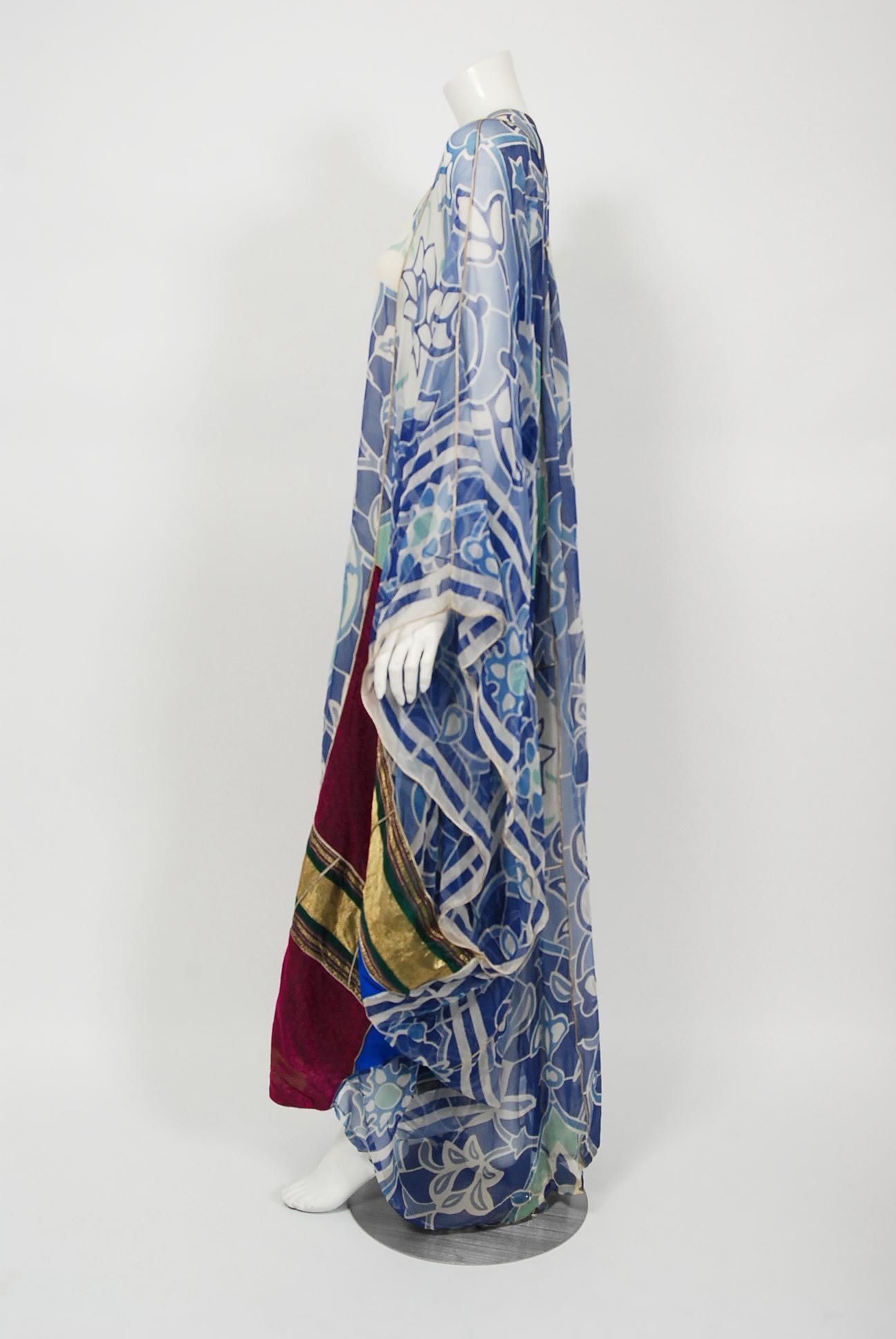 1975 Thea Porter Couture Documented Bohemian Patchwork Silk Abaya Caftan Dress 1