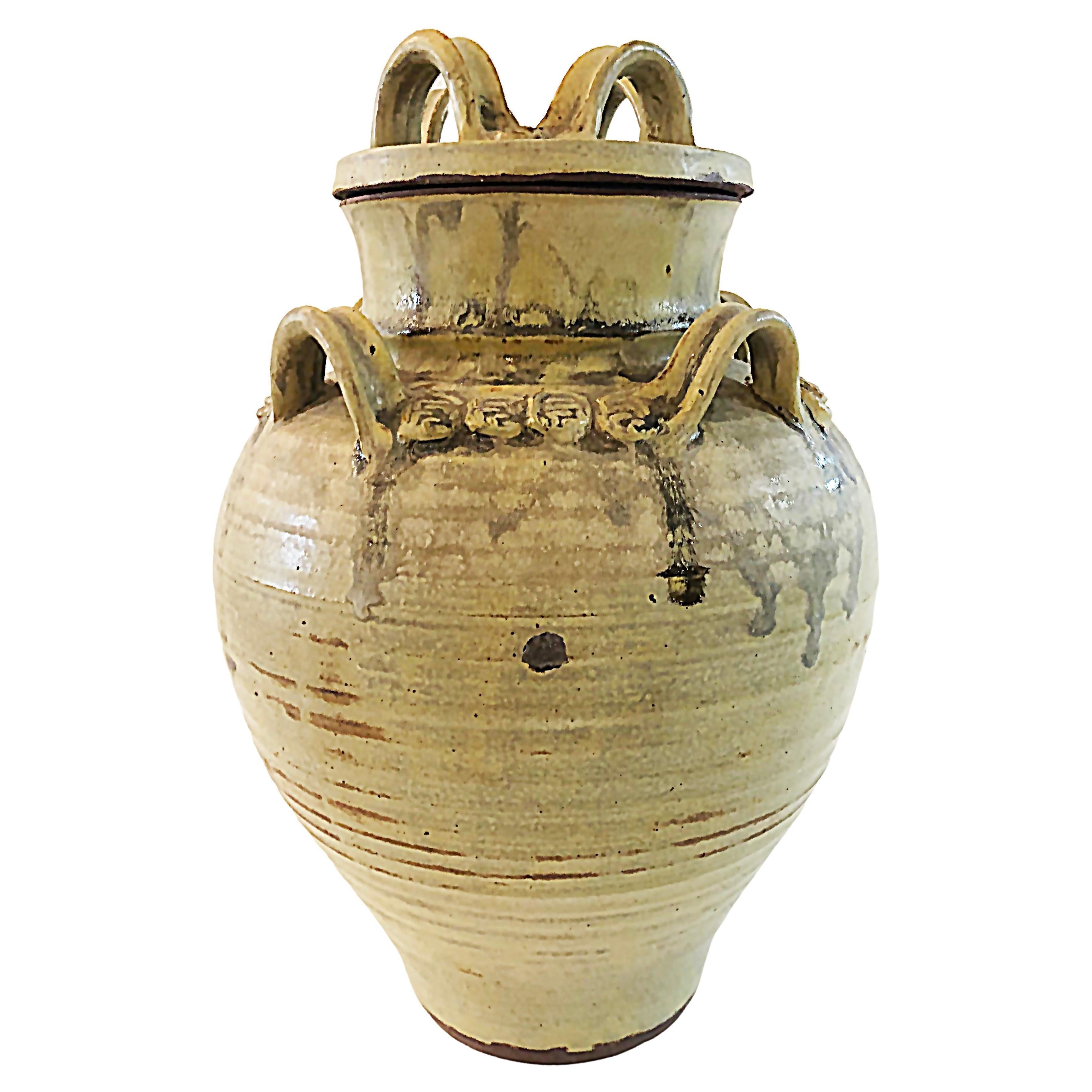 1975 Thrown and Built Studio Pottery Lidded Urn, Signed For Sale