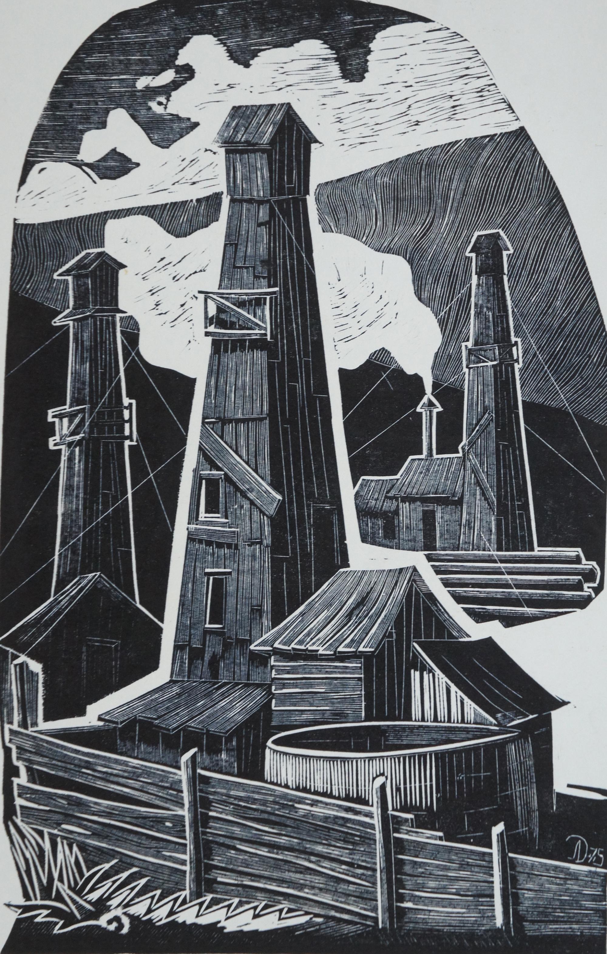 1975 Ukrainian Etching Old Towers Industrial Landscape Ussr Soviet Avant Garde In Good Condition In Dayton, OH