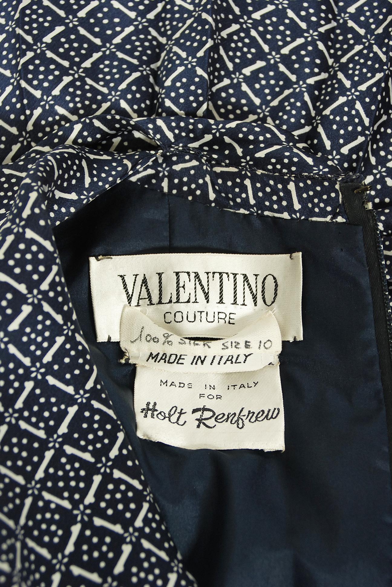 Vintage 1975 Valentino Couture Navy Print Silk Ascot-Bow Belted Pleated Dress 4