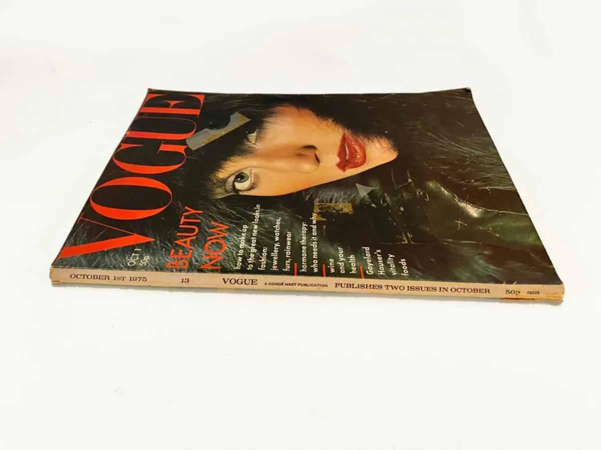 BRITISH VOGUE Magazine, 1st October 1975, Number 13, Whole Number 2120, Volume 132, 190 pages, Anna Andersen by Eric Boman on the cover

Features: 
Photographs by Bary Lategan, Toscani, David Bailey, Eric Boman
The duke and duchess of