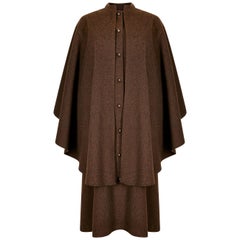 1975 Yves Saint Laurent Brown Wool Felt Overcoat With Cape 