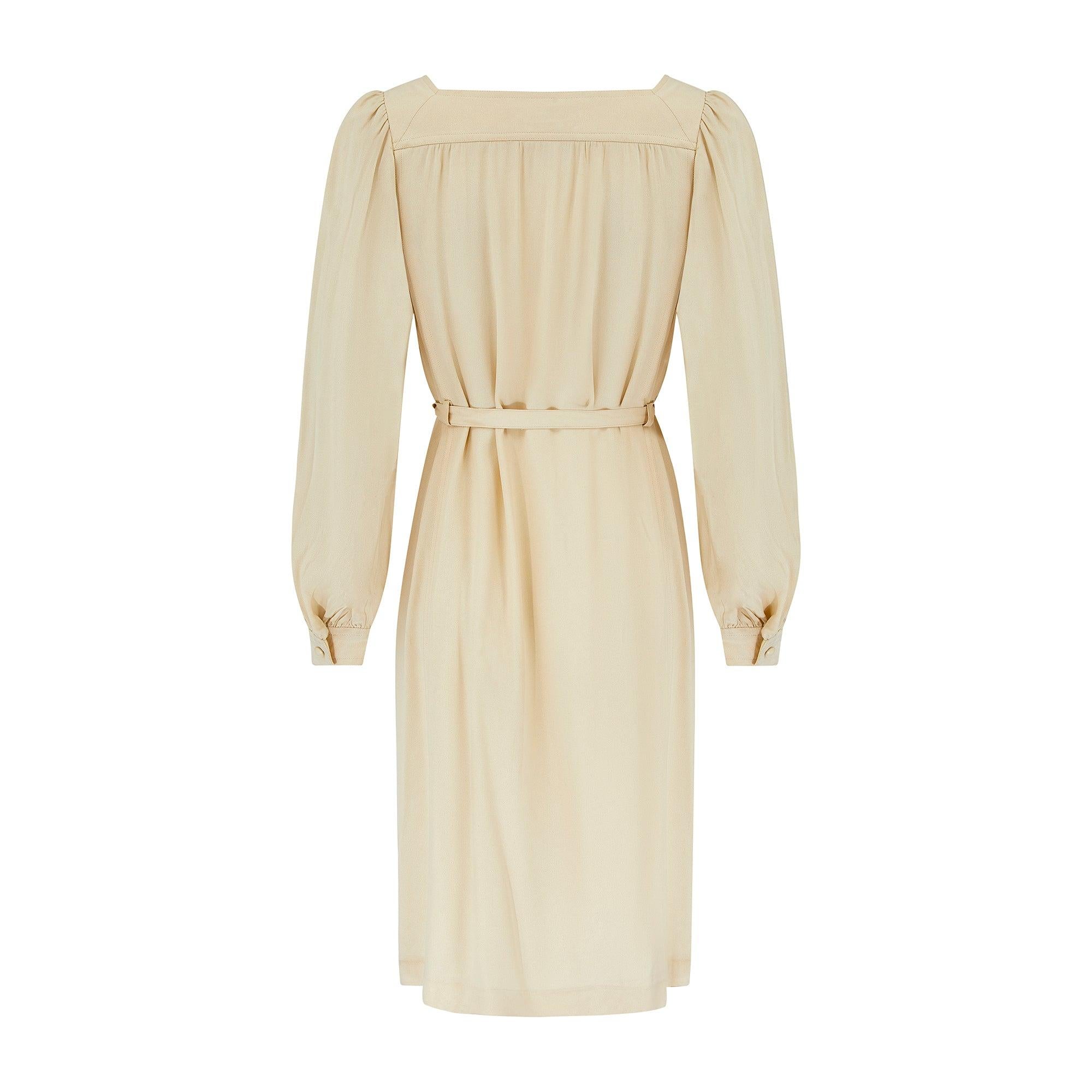 Beige 1975 Yves Saint Laurent Runway Cream Crepe Tunic Dress with Tie Belt For Sale