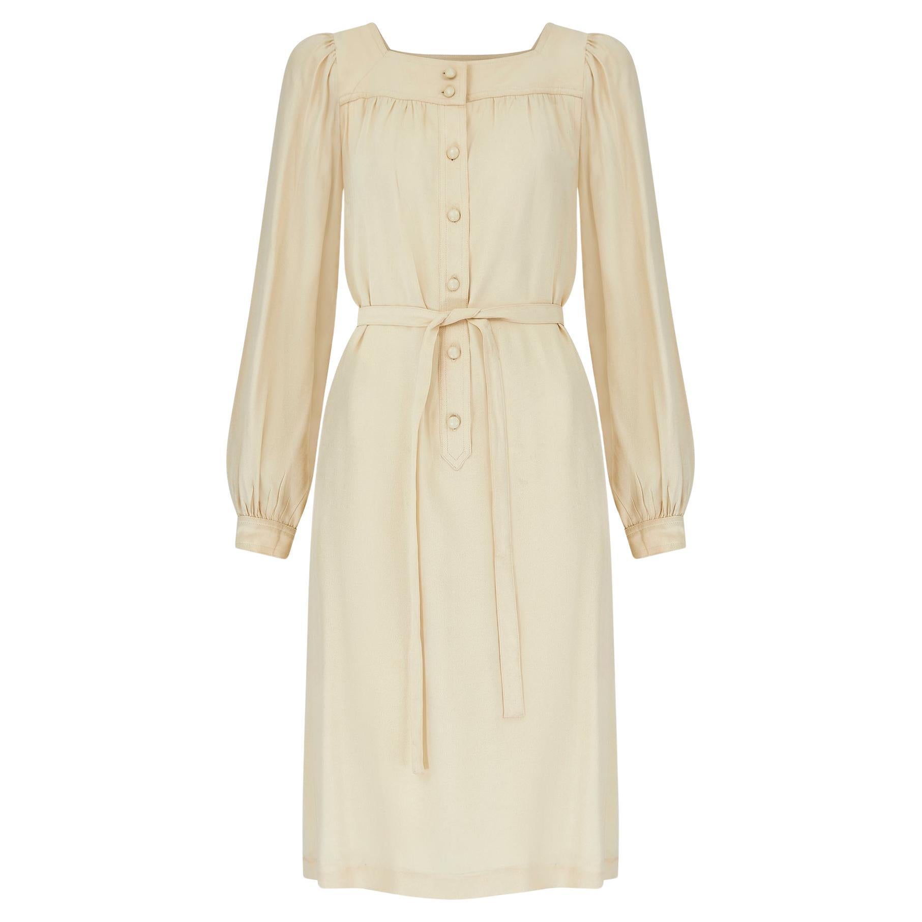 1975 Yves Saint Laurent Runway Cream Crepe Tunic Dress with Tie Belt For Sale