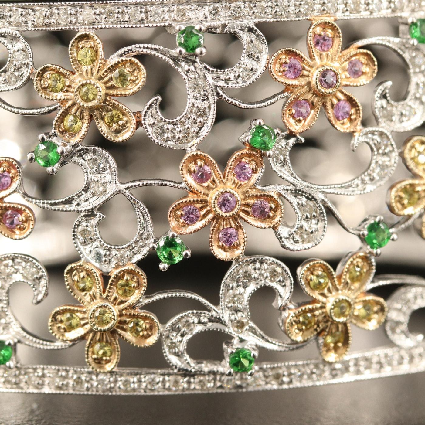 EFFY Bracelet, stamped with the designer hallmarks BH

Limited Edition, red carpet

Absolute luxury and quality

New with tags, Tag price $19750

4.55 CT high quality Round cut Diamond (SI / G) & AAA Sapphire (pink and yellow) and Tsavorite 

14K