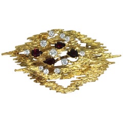 1976 18 Karat Gold, White Diamond and Ruby Abstract Pendant Brooch