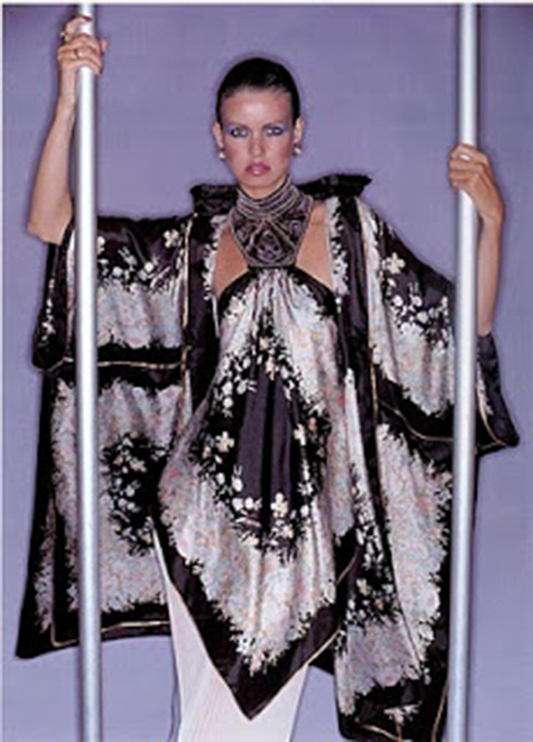 Beige 1976 Bill Gibb Documented Floral Silk Beaded Halter Pleated Backless Dress 
