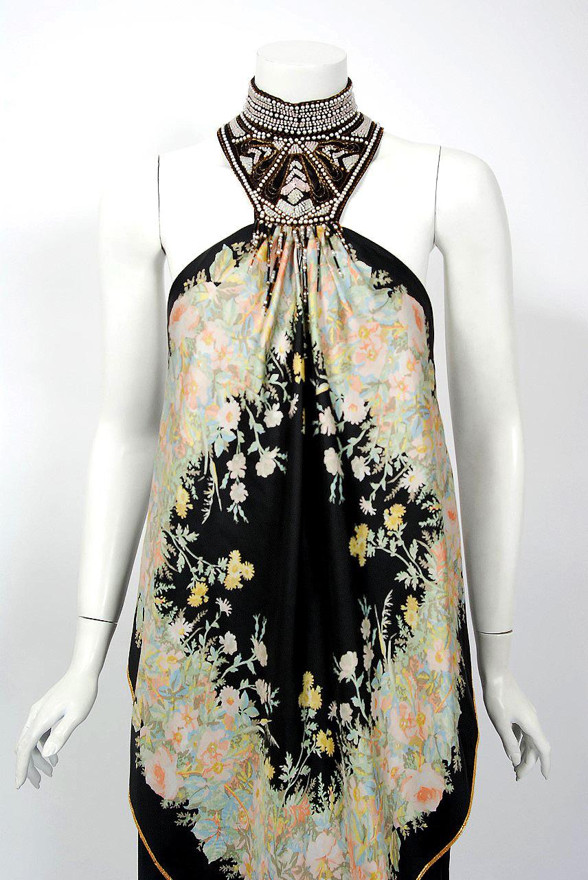 1976 Bill Gibb Documented Floral Silk Beaded Halter Pleated Backless Dress  In Excellent Condition In Beverly Hills, CA