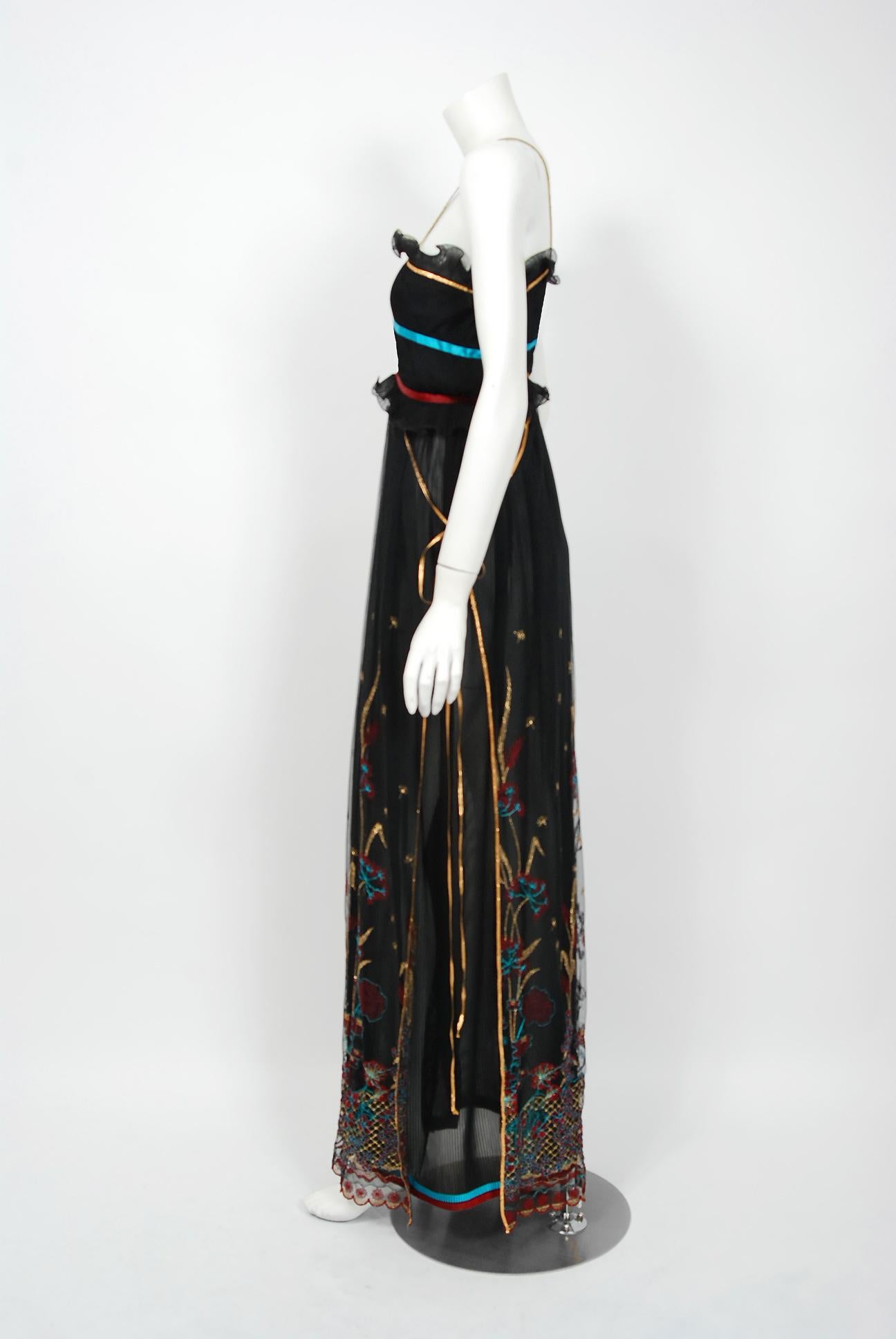 1976 Bill Gibb Pleated Silk & Embroidered Tulle Low-Plunge Metallic Ribbon Gown  2