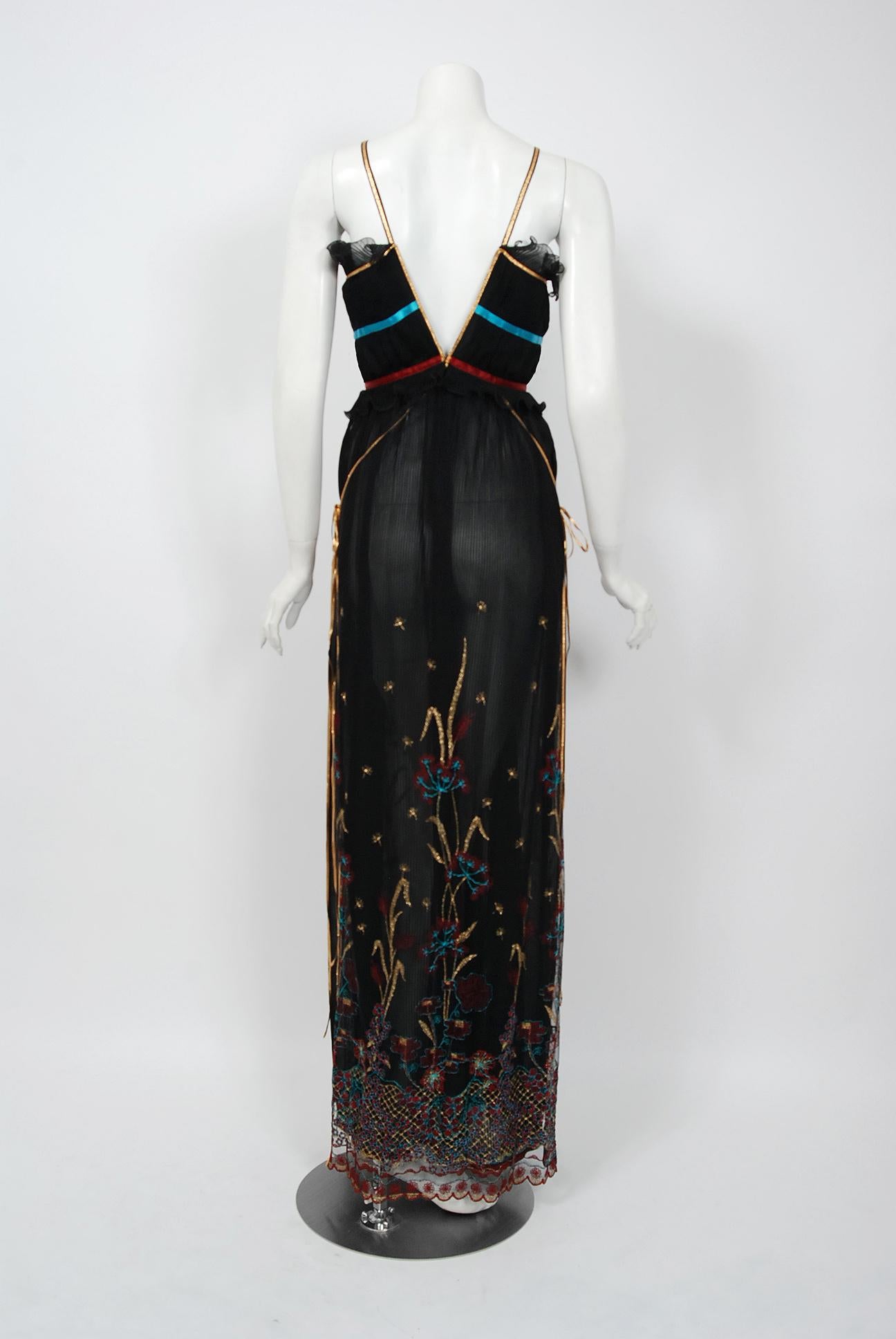 1976 Bill Gibb Pleated Silk & Embroidered Tulle Low-Plunge Metallic Ribbon Gown  4
