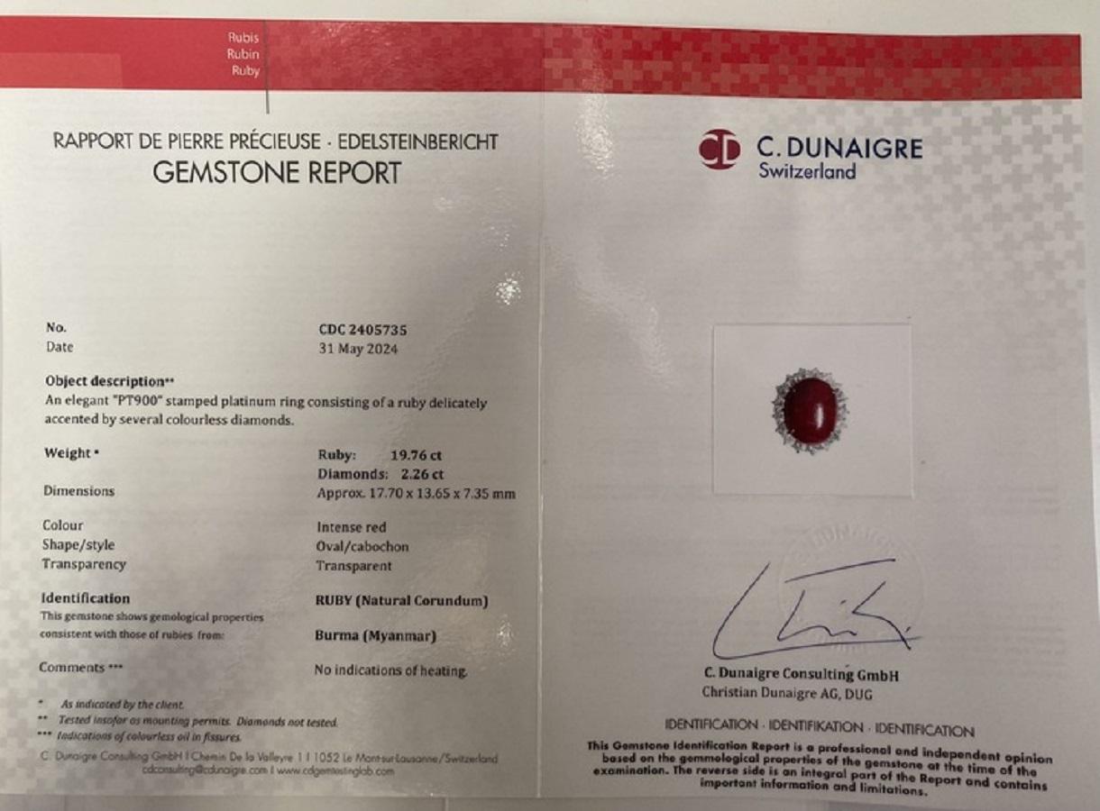 19.76 Carat Oval Shape Ruby & Diamond Ring In Platinum For Sale 1