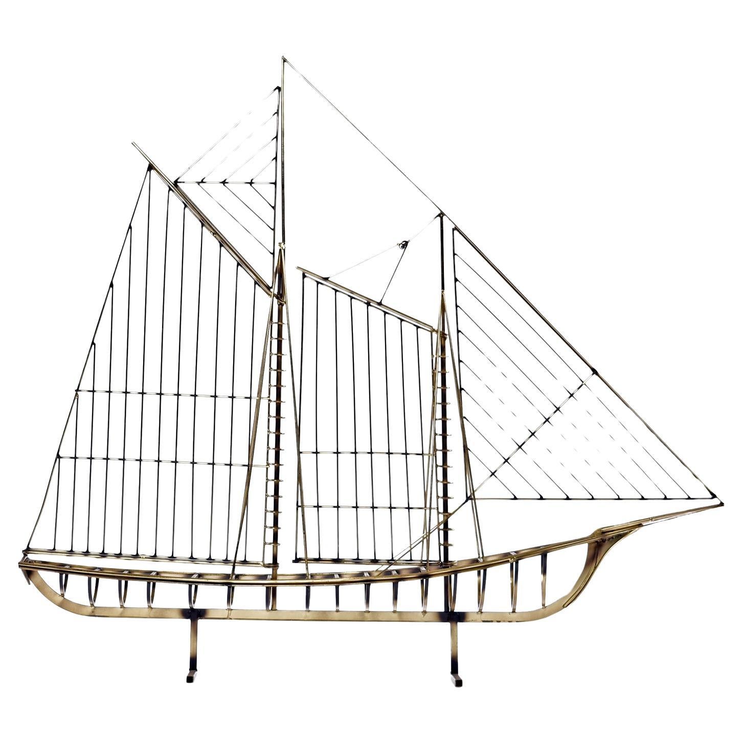 Mid-Century Modern 1976 Curtis Jere Brass Wire Galleon Ship Sailboat Metal Sculpture Art