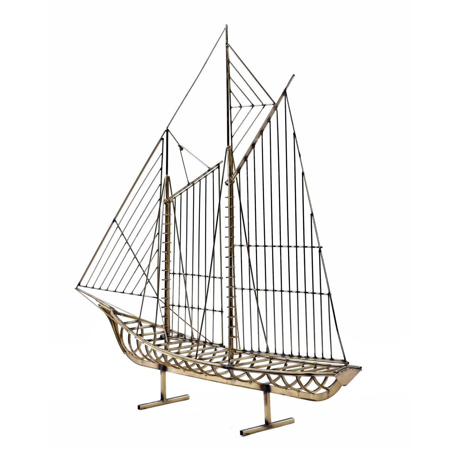 American 1976 Curtis Jere Brass Wire Galleon Ship Sailboat Metal Sculpture Art