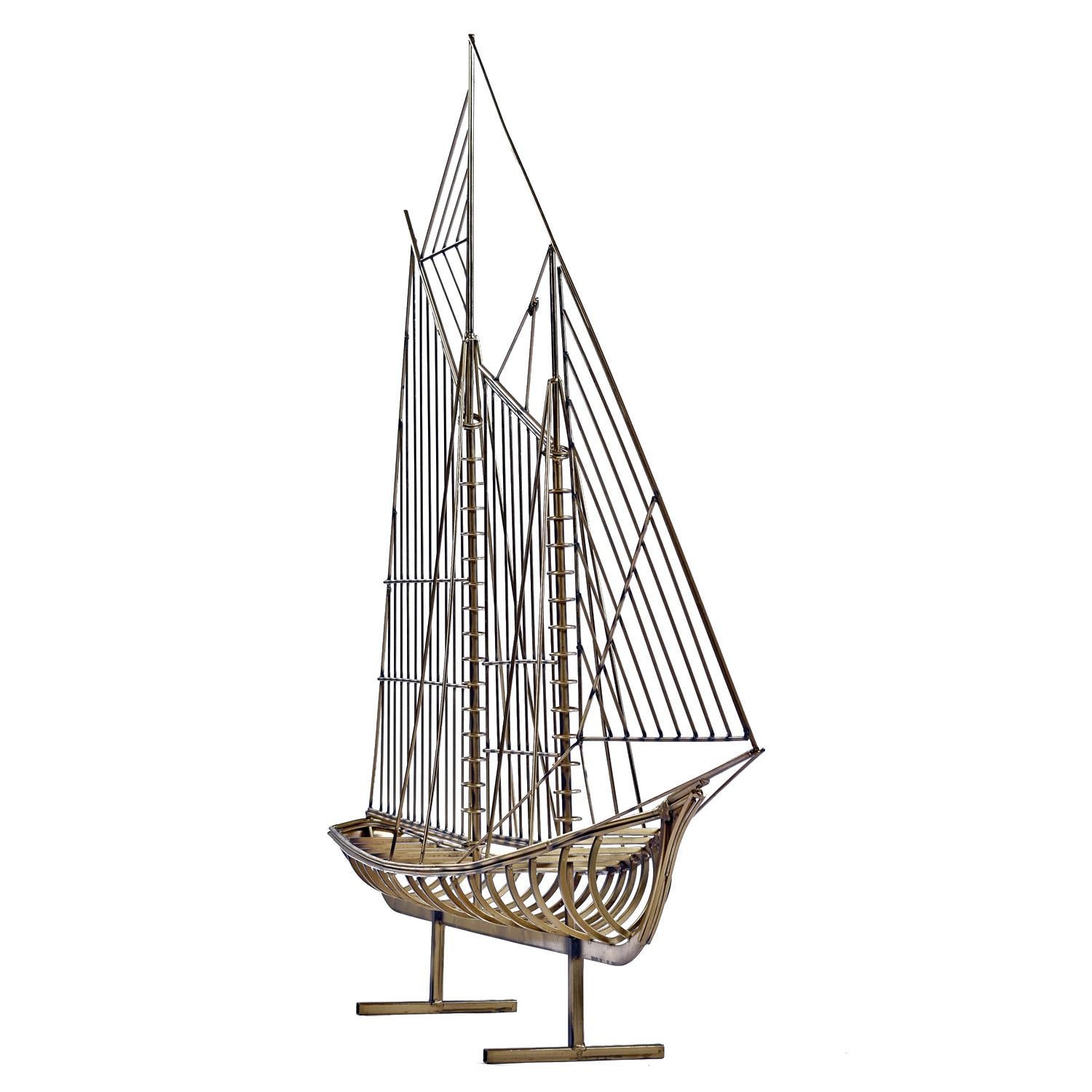 1976 Curtis Jere Brass Wire Galleon Ship Sailboat Metal Sculpture Art In Excellent Condition In Chattanooga, TN
