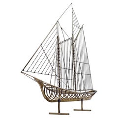 1976 Curtis Jere Brass Wire Galleon Ship Sailboat Metal Sculpture Art