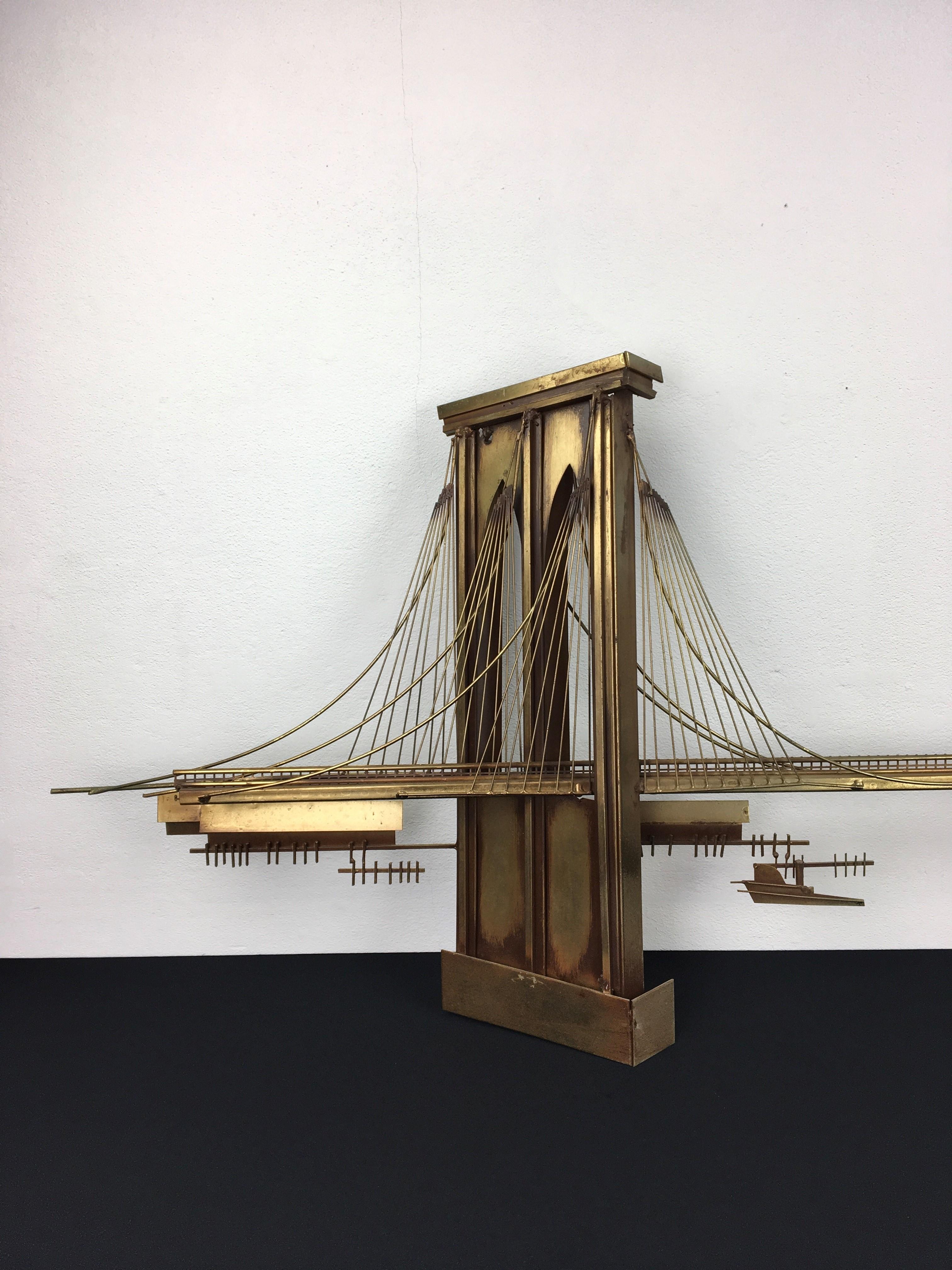 Hollywood Regency 1976 Curtis Jere Brooklyn Bridge Brass Wall Sculpture