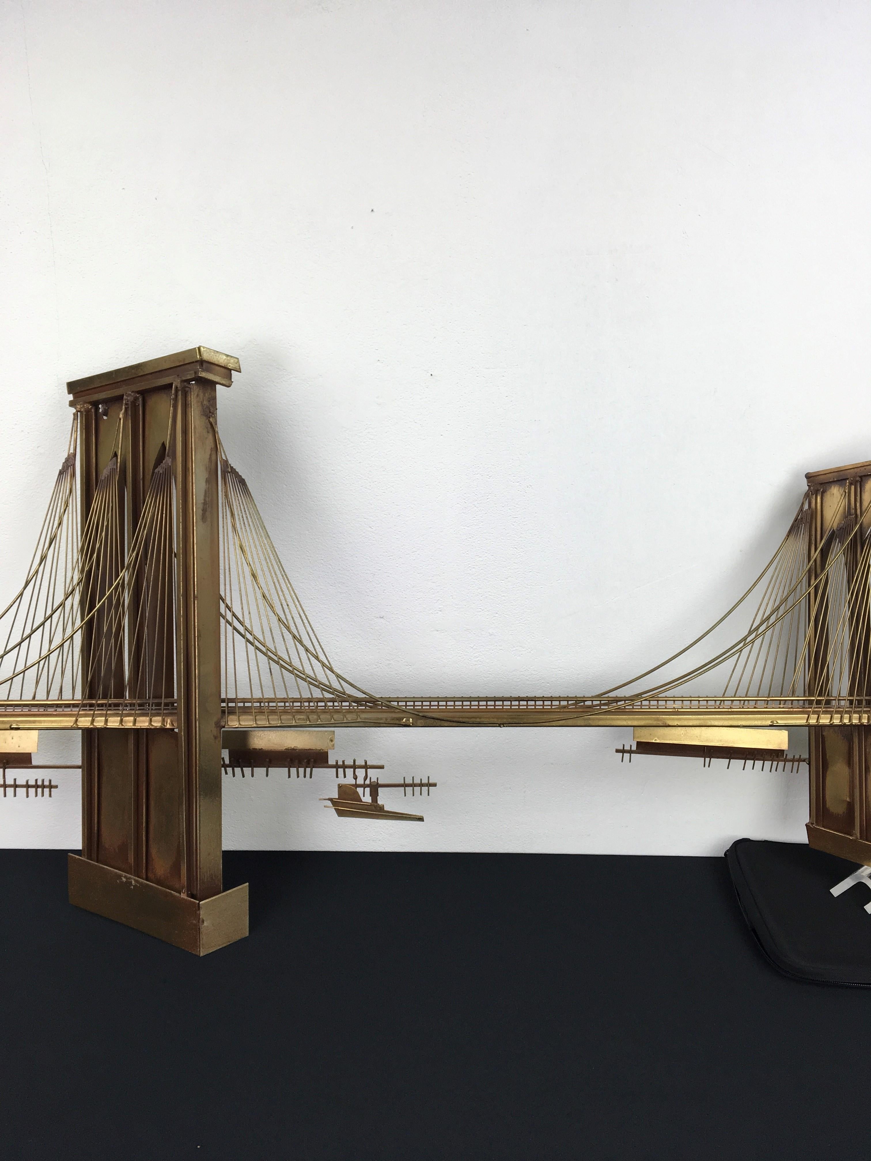 American 1976 Curtis Jere Brooklyn Bridge Brass Wall Sculpture
