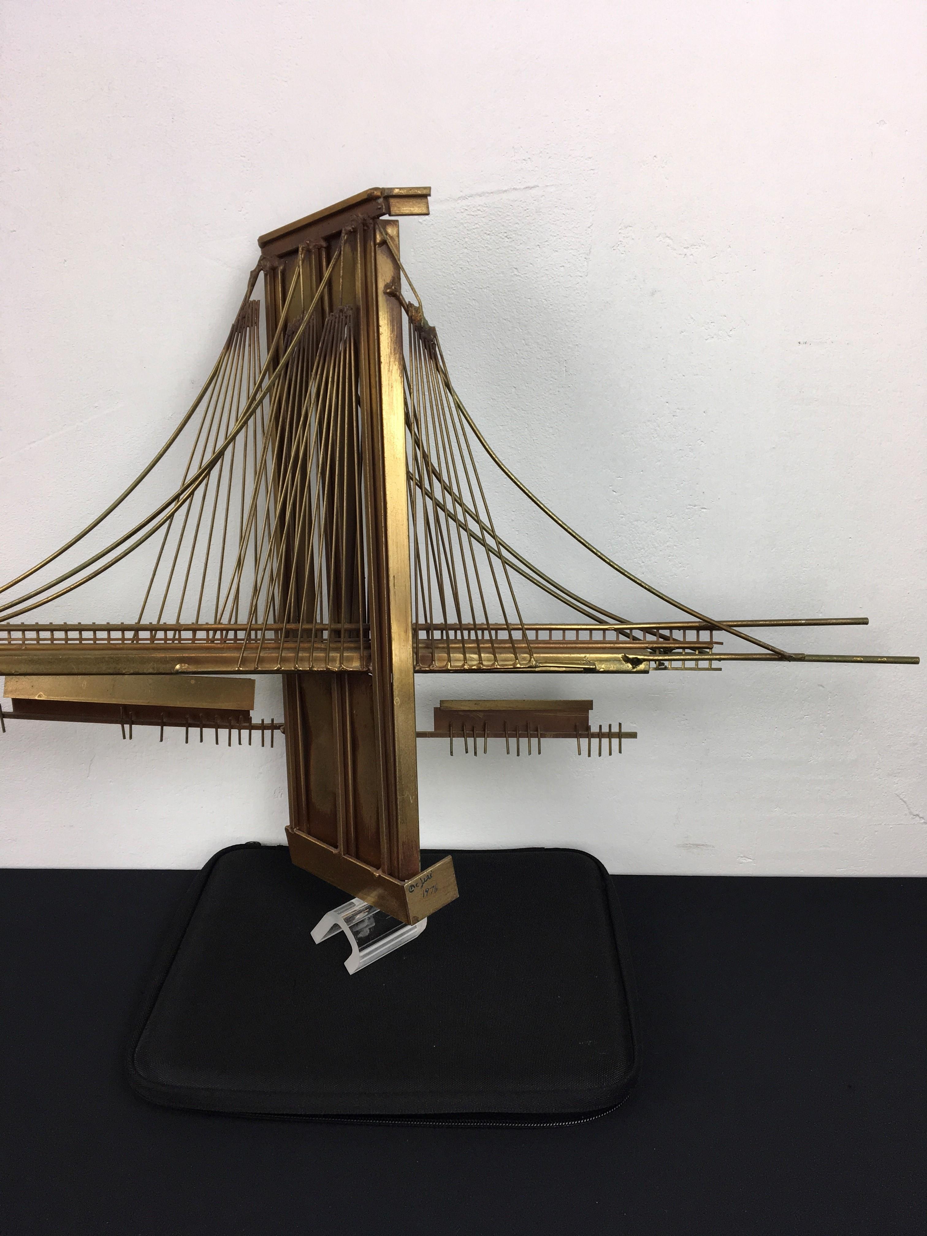 Hand-Crafted 1976 Curtis Jere Brooklyn Bridge Brass Wall Sculpture
